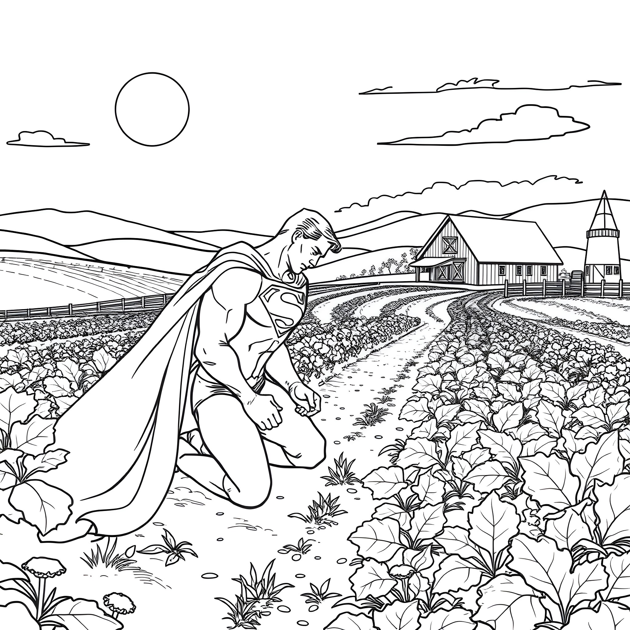 Superman soaring over a peaceful countryside landscape Coloring Page (free black-and-white line drawing printable PDF for all, from beginners to advanced learners, including children, teens, adults, and seniors)
