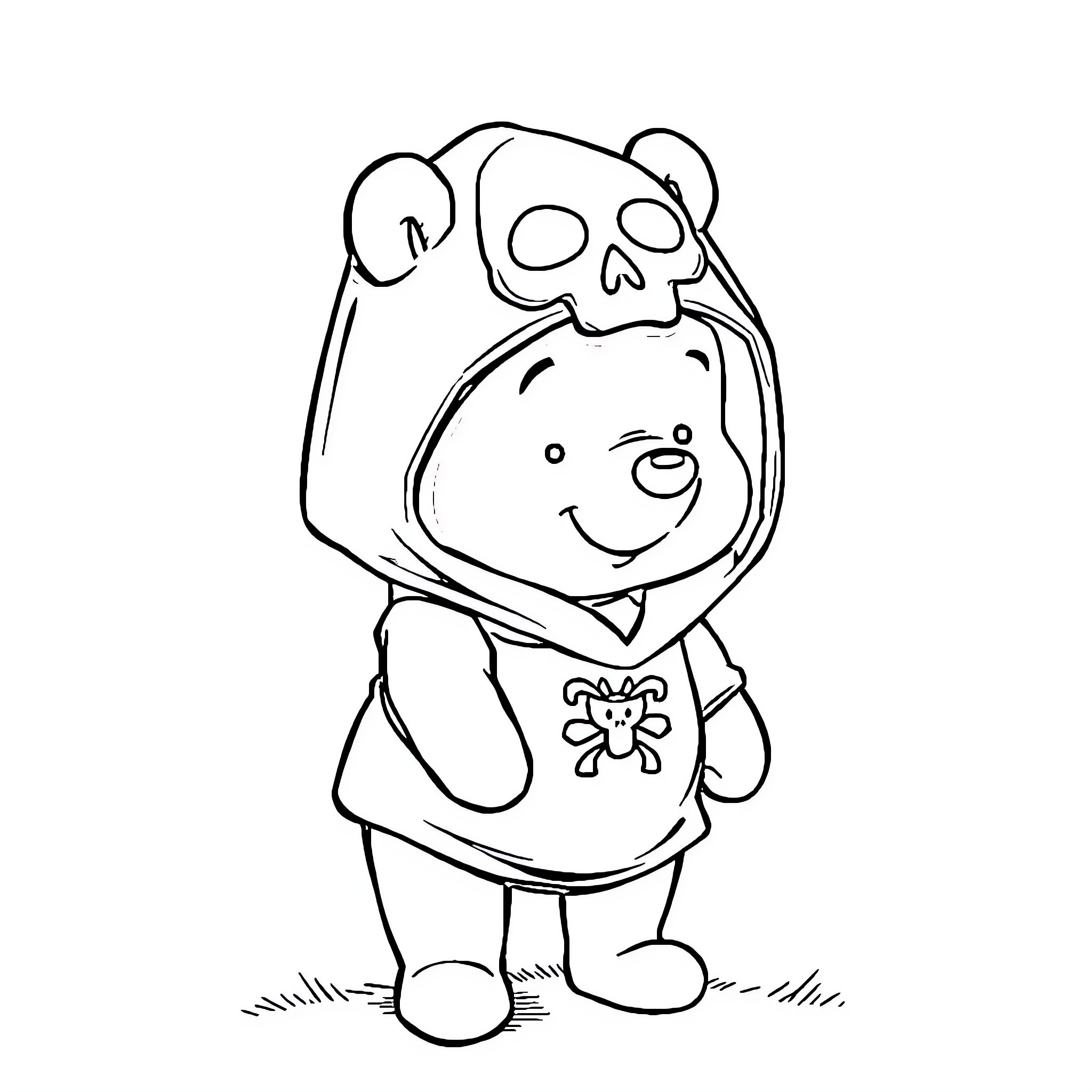Winnie The Pooh in a Skull Costume Coloring Page (free black-and-white line drawing printable PDF for all, from beginners to advanced learners, including children, teens, adults, and seniors)