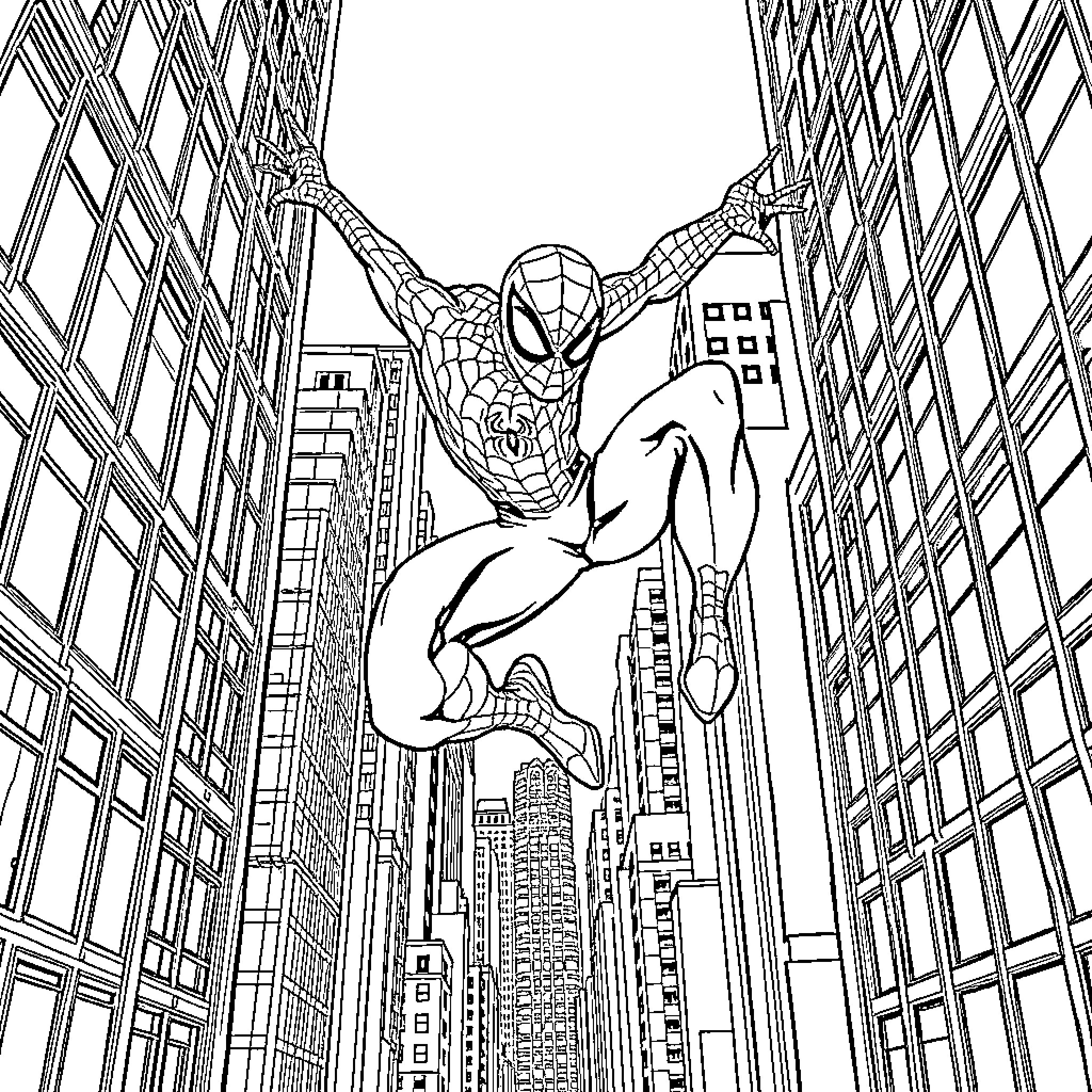 Spider-Man swinging through the city skyline Coloring Page (free black-and-white line drawing printable PDF for all, from beginners to advanced learners, including children, teens, adults, and seniors)