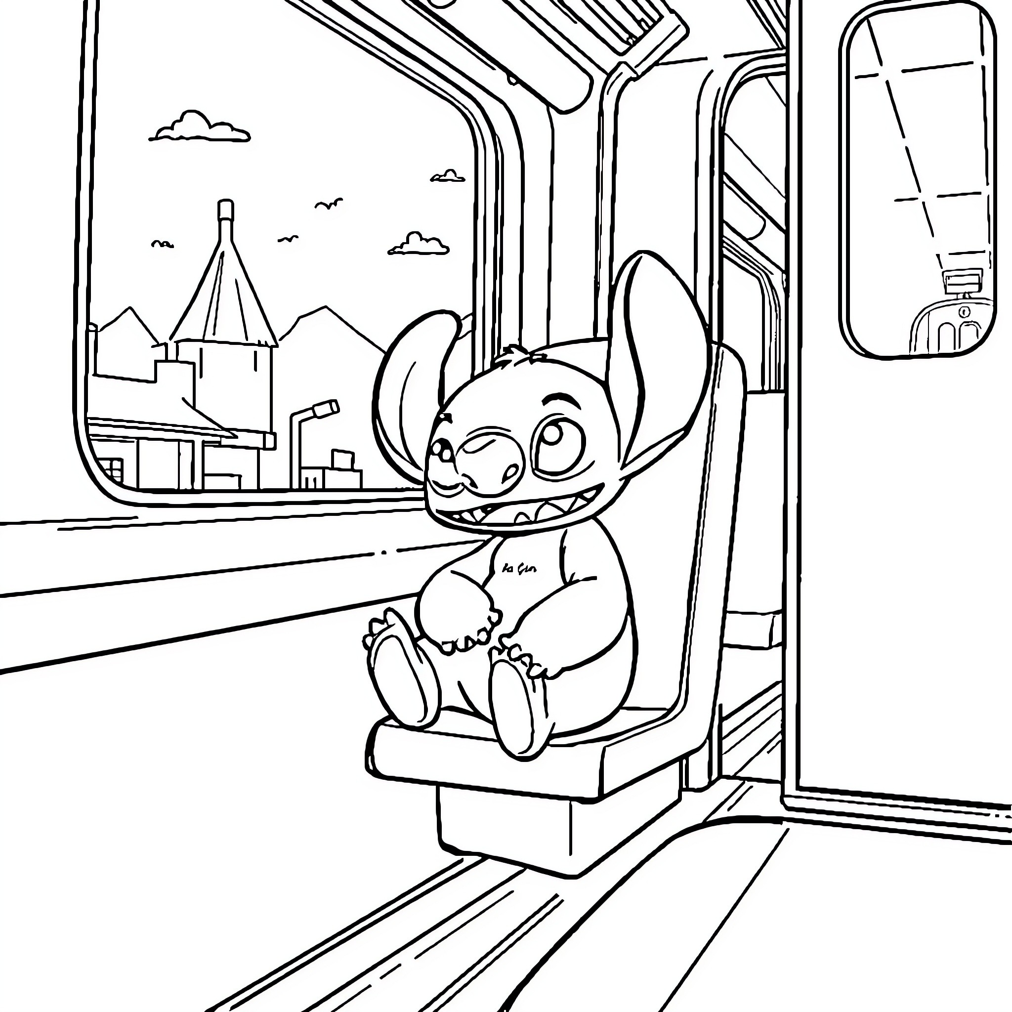 Stitch enjoying the view from a train window Coloring Page (free black-and-white line drawing printable PDF for all, from beginners to advanced learners, including children, teens, adults, and seniors)