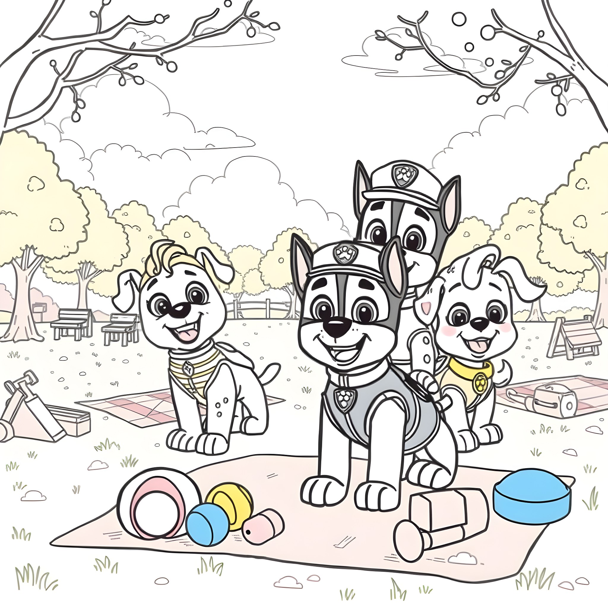 Paw Patrol Trio Playing Happily in the Park Coloring Page (free black-and-white line drawing printable PDF for all, from beginners to advanced learners, including children, teens, adults, and seniors)