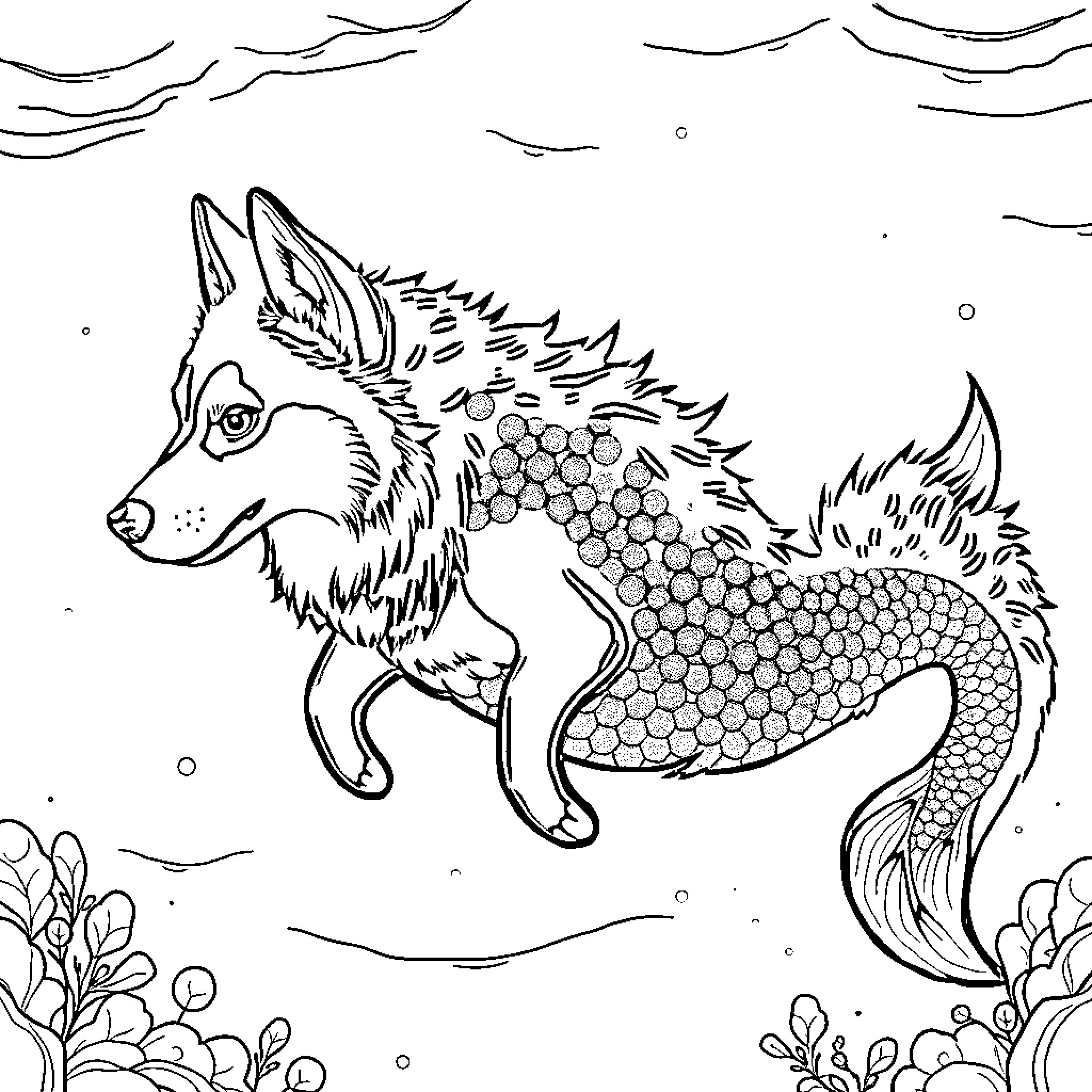 Mermaid Husky frolicking in the underwater scene Coloring Page (free black-and-white line drawing printable PDF for all, from beginners to advanced learners, including children, teens, adults, and seniors)