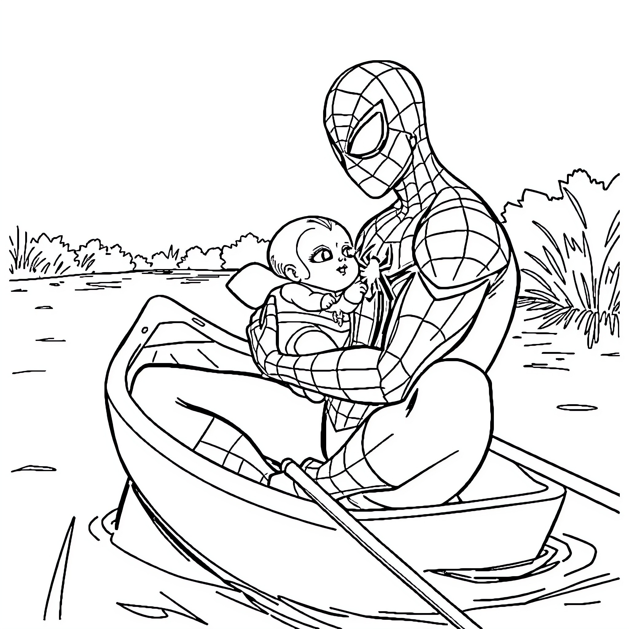 Spiderman rescuing a child in a boat Coloring Page (free black-and-white line drawing printable PDF for all, from beginners to advanced learners, including children, teens, adults, and seniors)