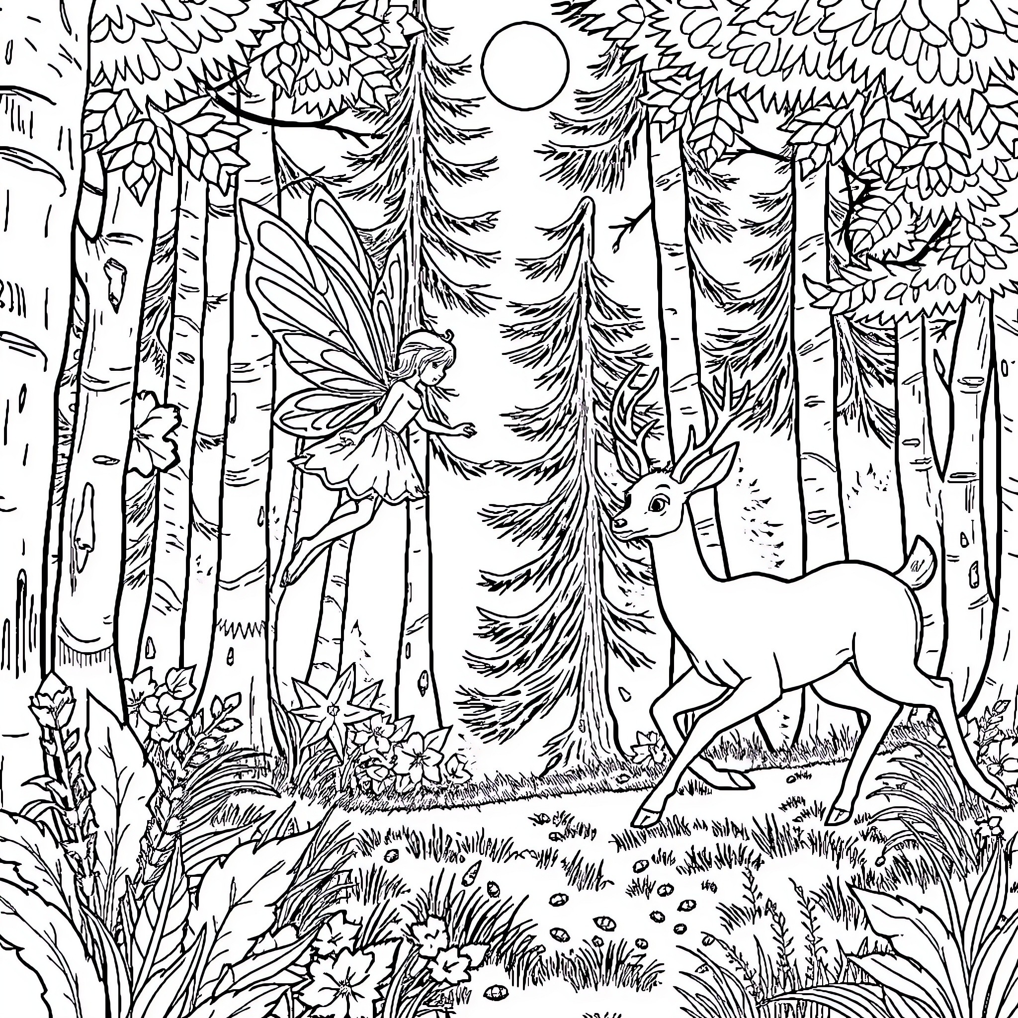 Fairy Exploring the Enchanted Woodland Coloring Page (free black-and-white line drawing printable PDF for all, from beginners to advanced learners, including children, teens, adults, and seniors)