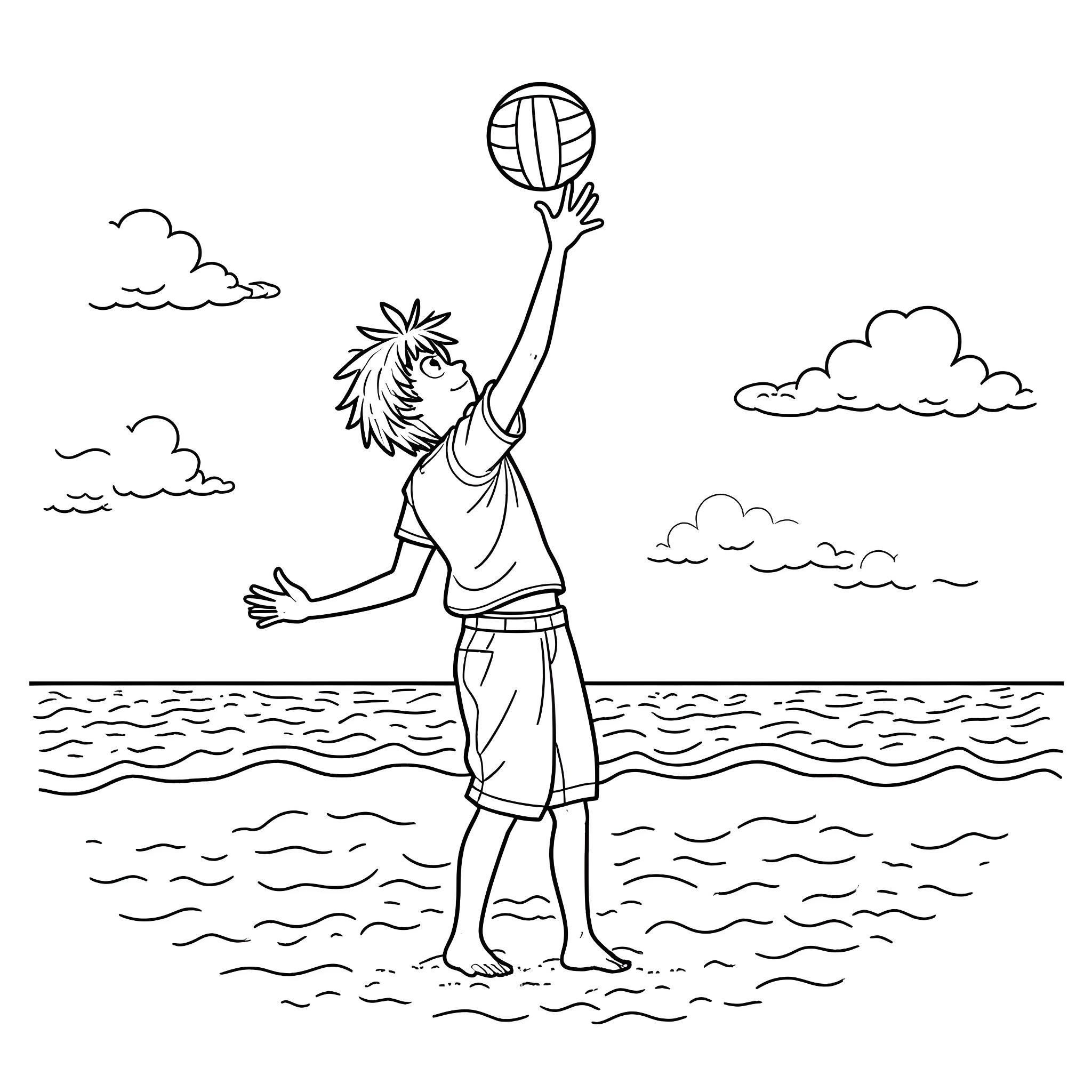Izuku Midoriya playing volleyball on the beach Coloring Page (free black-and-white line drawing printable PDF for all, from beginners to advanced learners, including children, teens, adults, and seniors)
