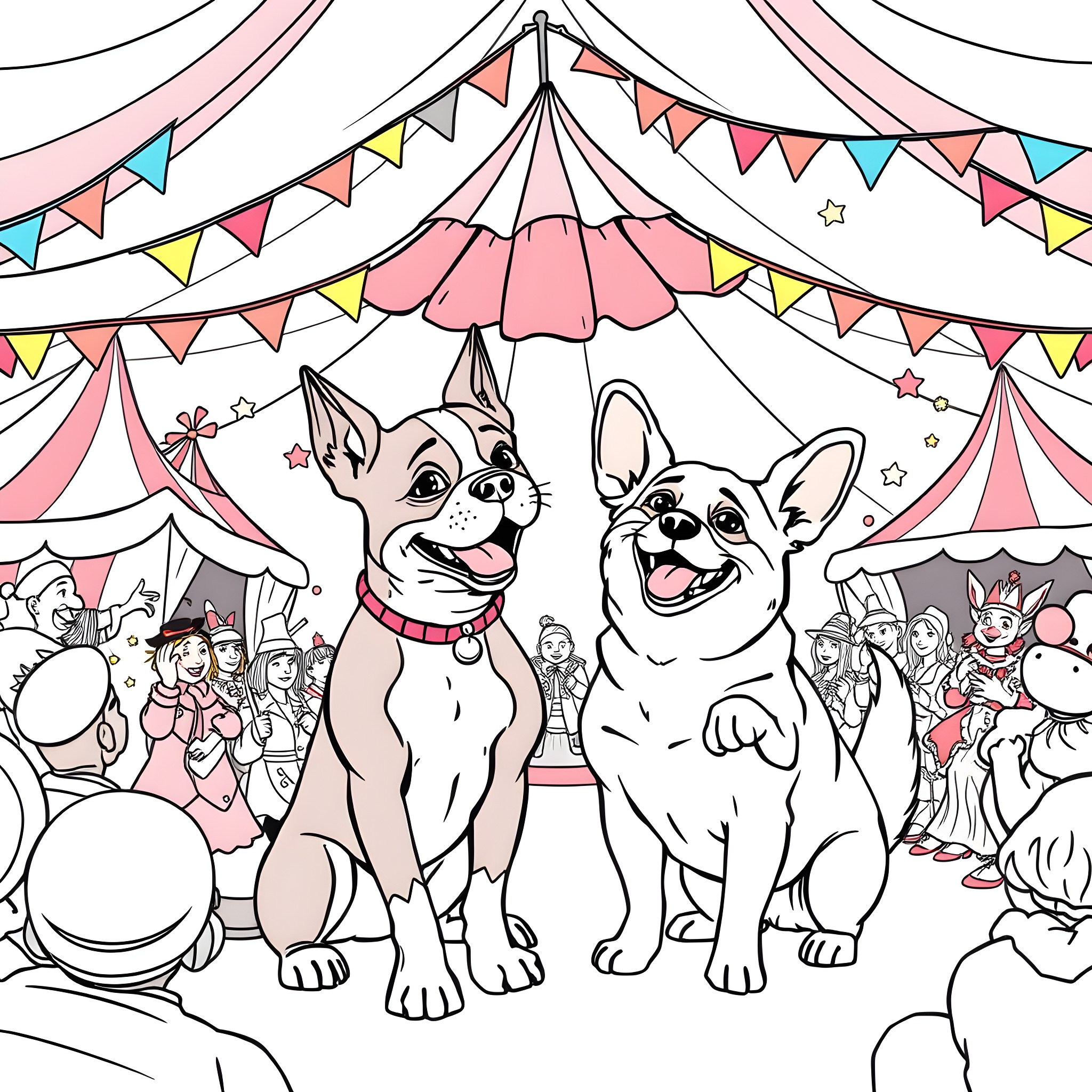 Dogs performing at the colorful carnival circus Coloring Page (free black-and-white line drawing printable PDF for all, from beginners to advanced learners, including children, teens, adults, and seniors)
