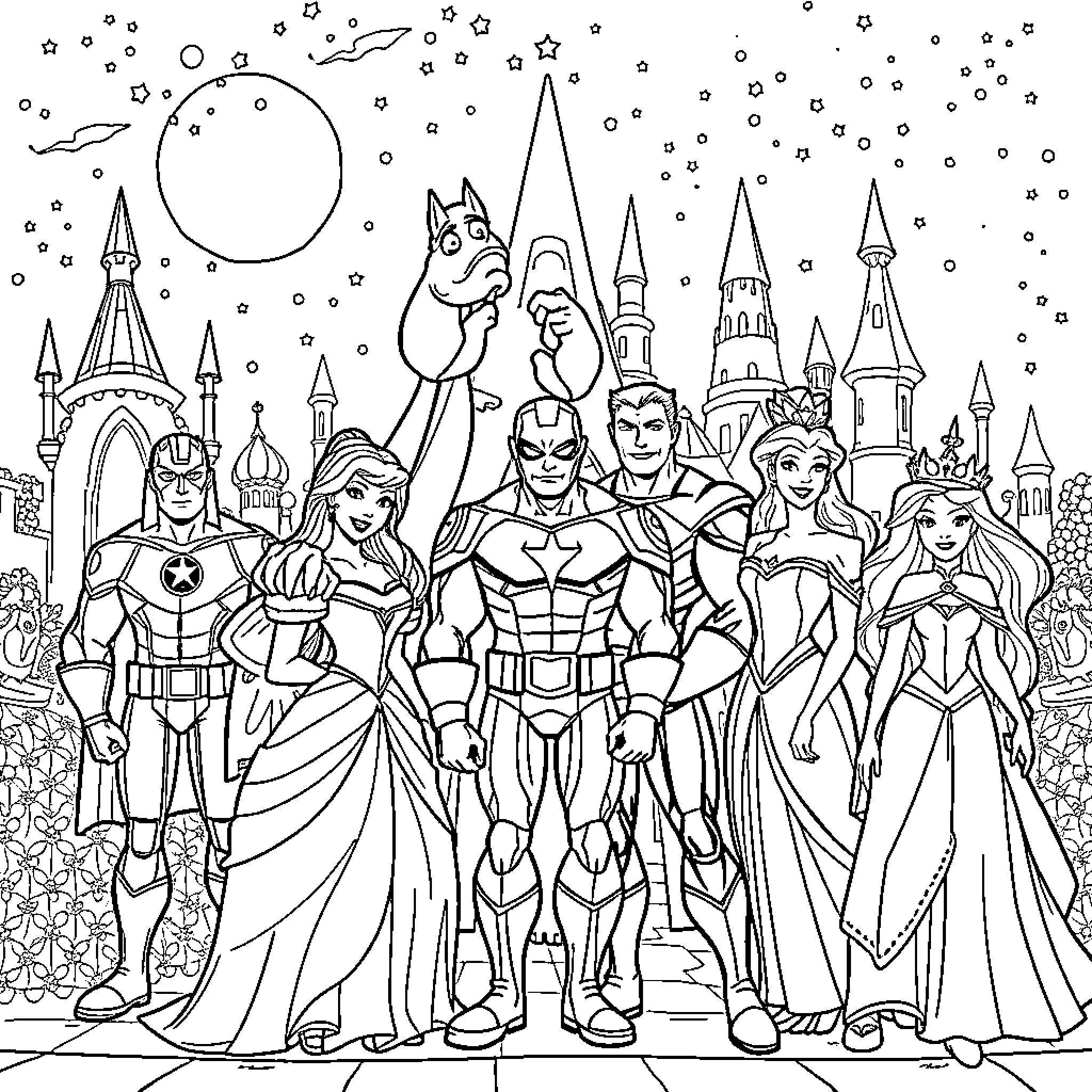 Marvel Characters in a Fantastical Superhero Scene Coloring Page (free black-and-white line drawing printable PDF for all, from beginners to advanced learners, including children, teens, adults, and seniors)