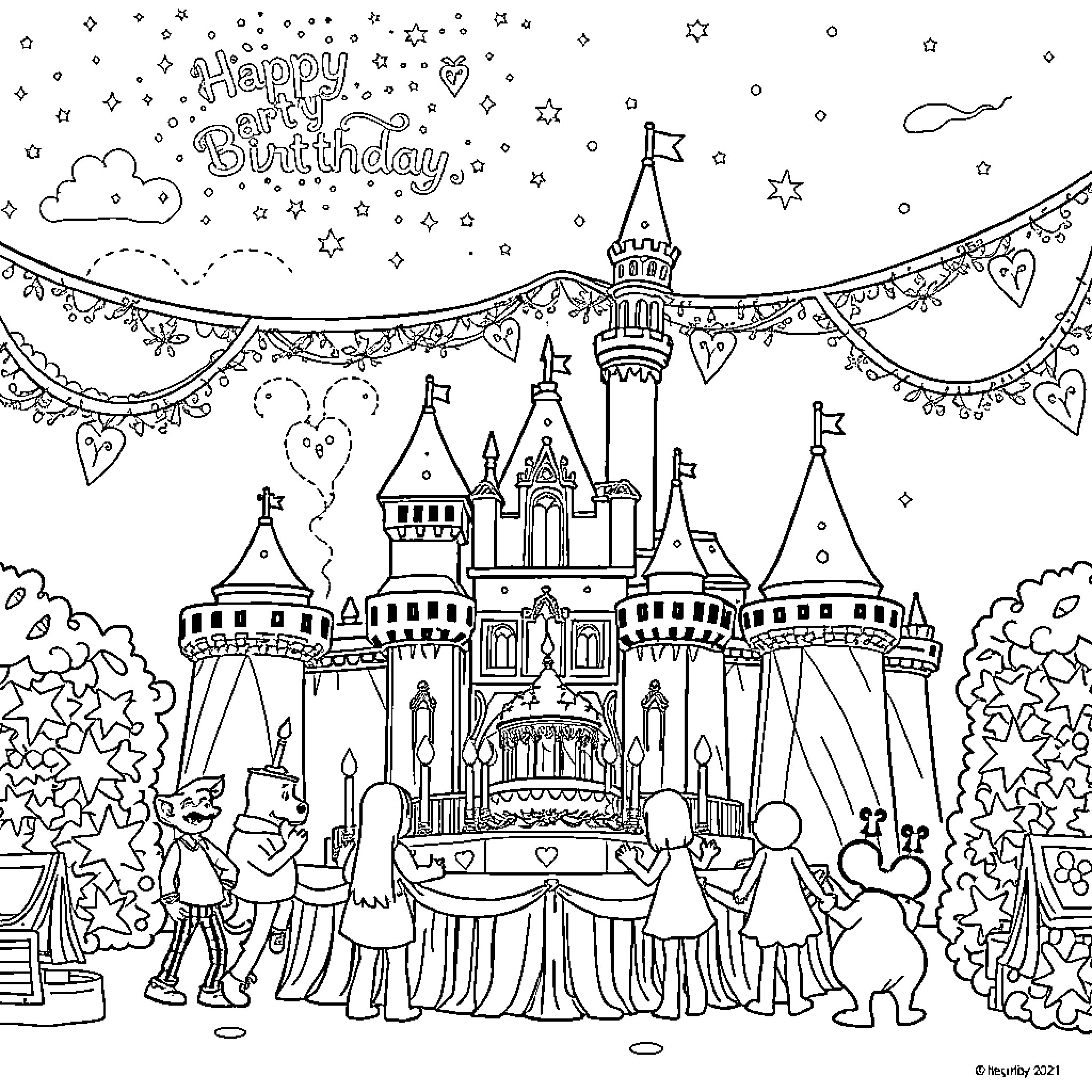 Fairy castle birthday celebration with decorations Coloring Page (free black-and-white line drawing printable PDF for all, from beginners to advanced learners, including children, teens, adults, and seniors)