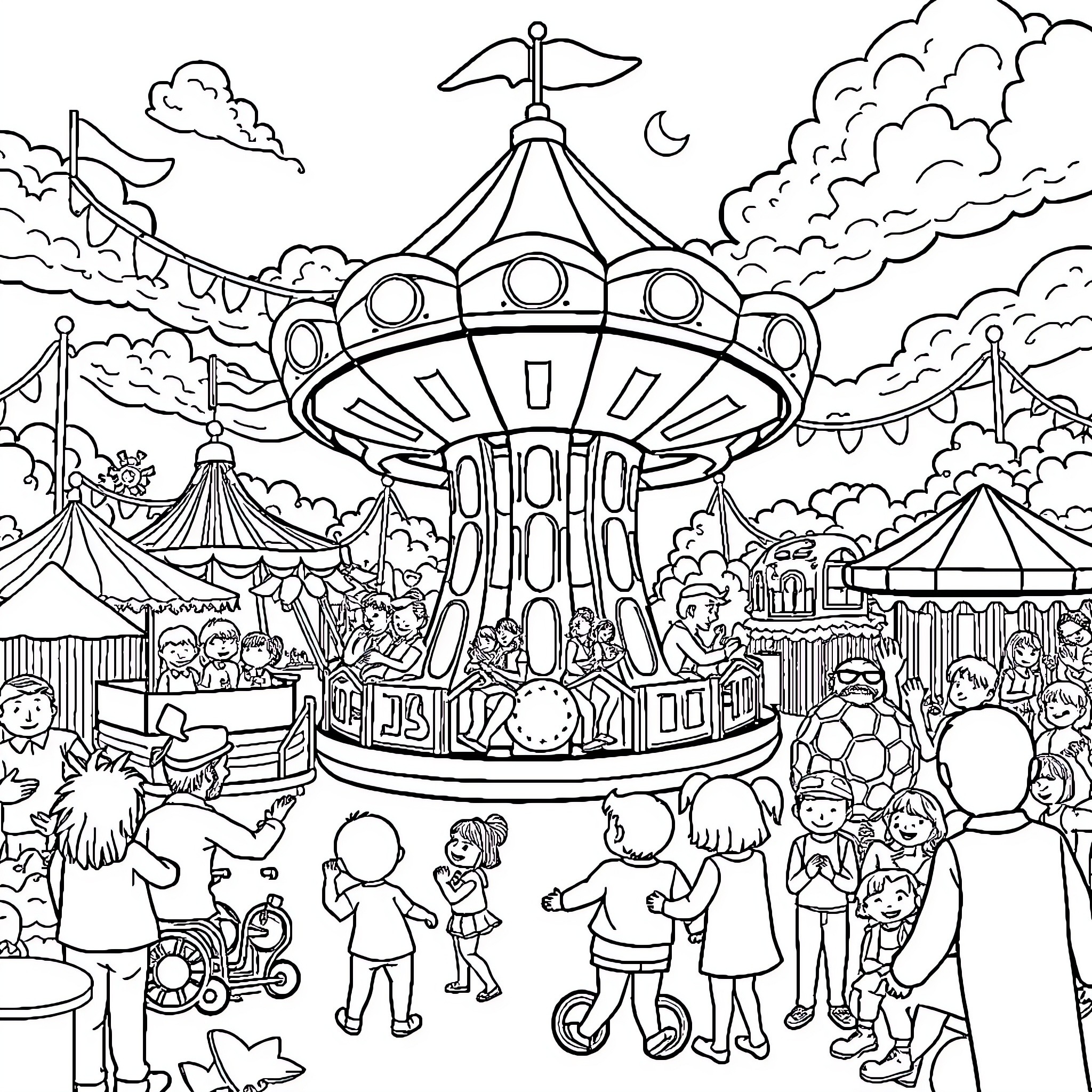 Theme Park Filled with Festive Rides and Cheerful People Coloring Page (free black-and-white line drawing printable PDF for all, from beginners to advanced learners, including children, teens, adults, and seniors)