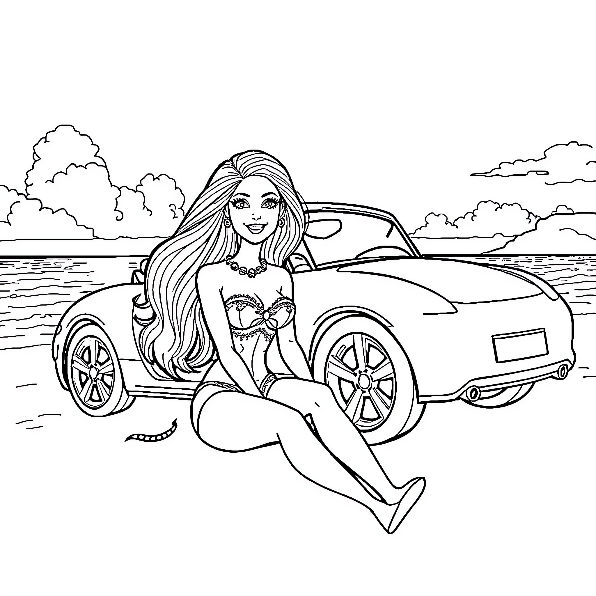 Barbie posing confidently in a sports car by the sea Coloring Page (free black-and-white line drawing printable PDF for all, from beginners to advanced learners, including children, teens, adults, and seniors)