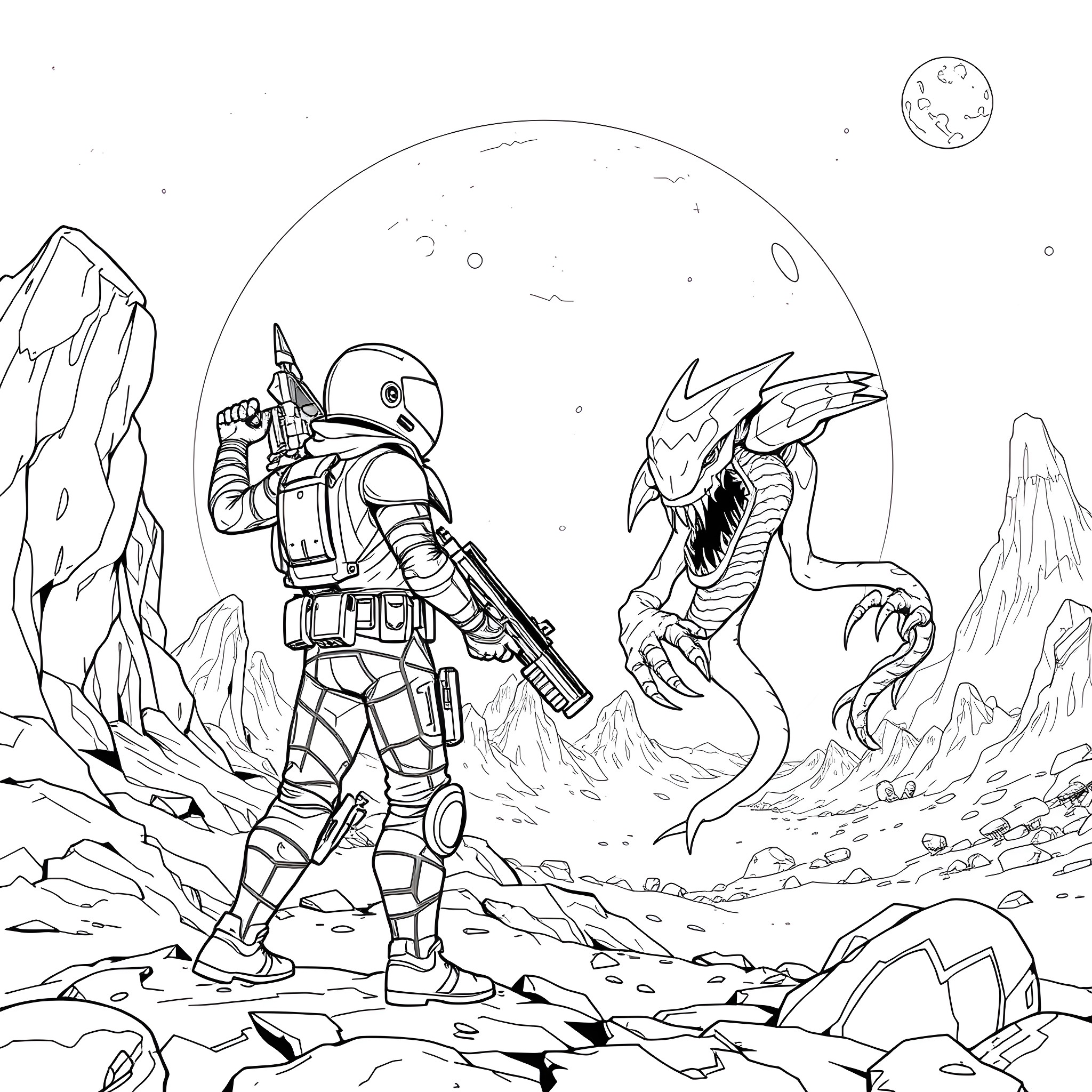 Spaceman encounters alien creature on distant planet Coloring Page (free black-and-white line drawing printable PDF for all, from beginners to advanced learners, including children, teens, adults, and seniors)