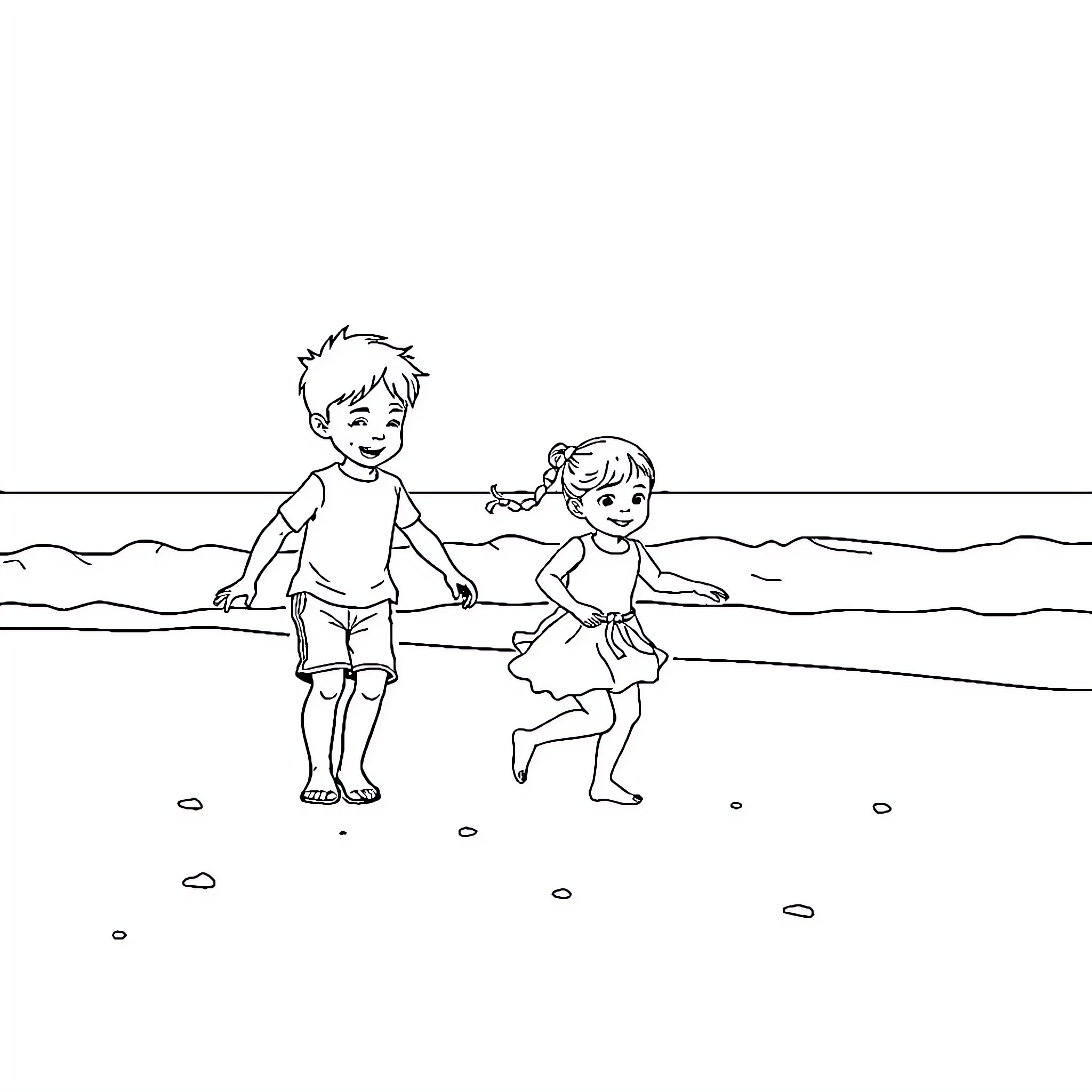 Child siblings playing together on the beach Coloring Page (free black-and-white line drawing printable PDF for all, from beginners to advanced learners, including children, teens, adults, and seniors)