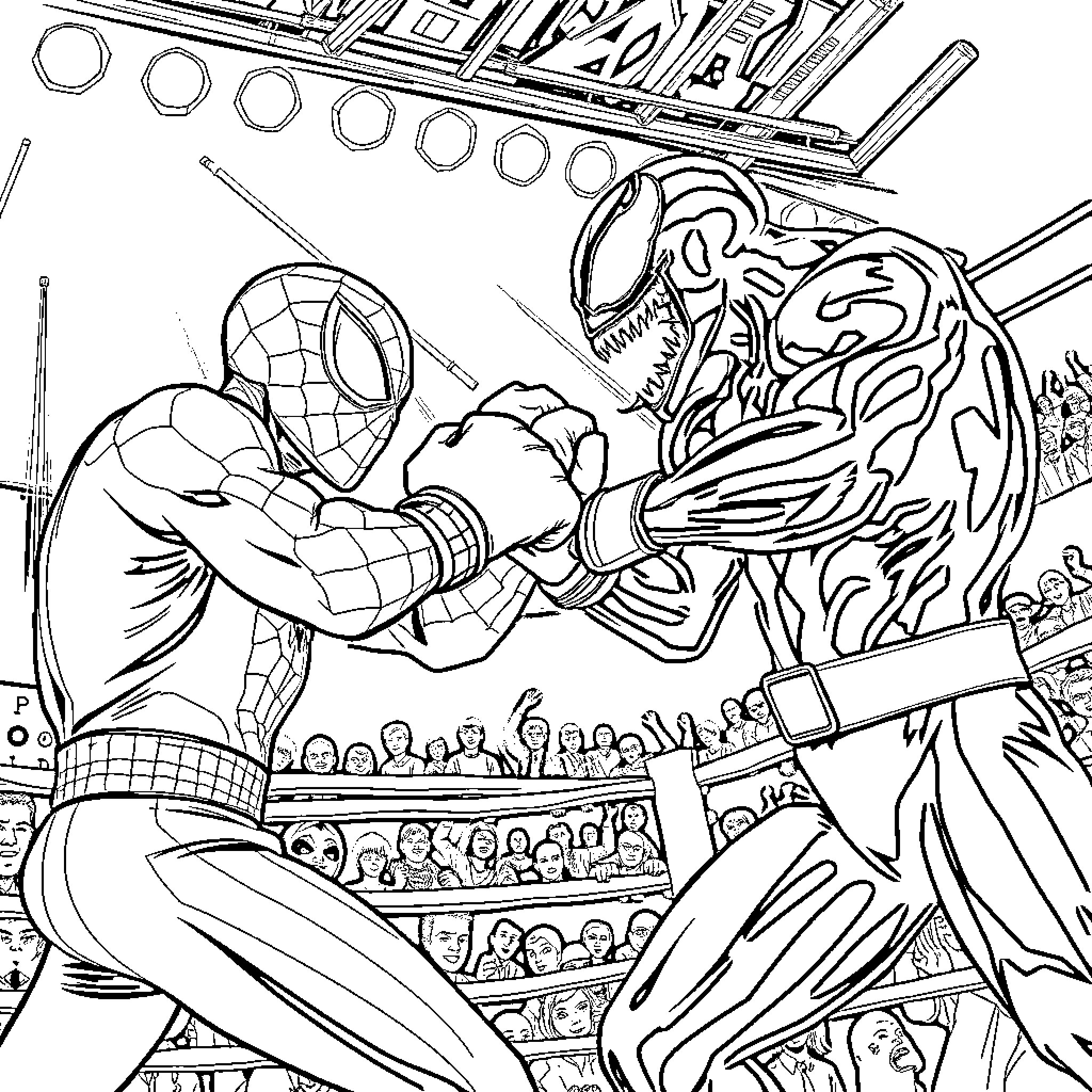 Spiderman battles a fierce enemy in the arena Coloring Page (free black-and-white line drawing printable PDF for all, from beginners to advanced learners, including children, teens, adults, and seniors)