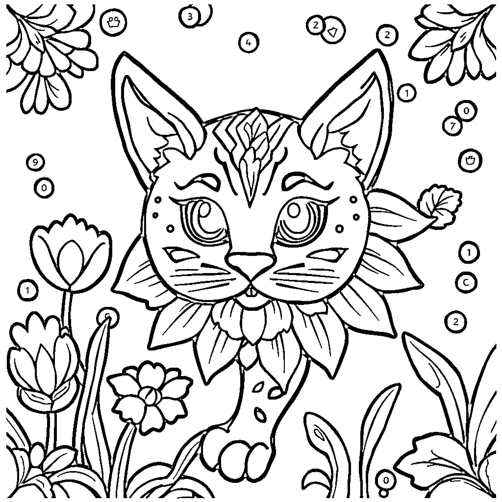 YoPrintables Whimsical Cat Surrounded by Flowers Coloring Page (free black-and-white line drawing printable PDF for all, from beginners to advanced learners, including children, teens, adults, and seniors)