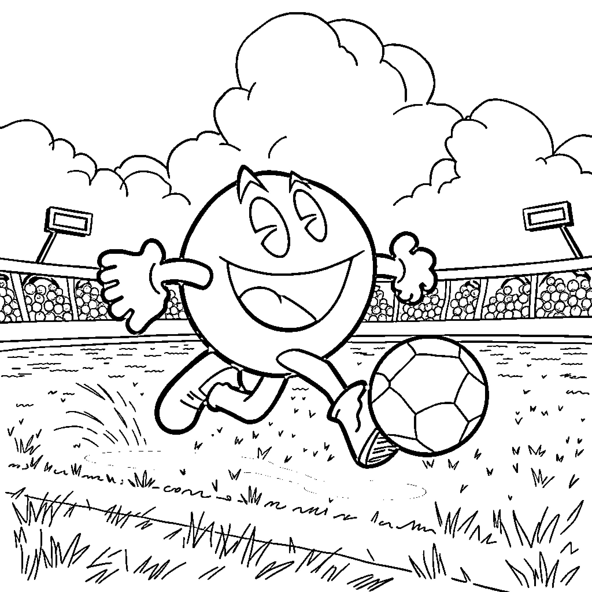 Pacman playing soccer on the field Coloring Page (free black-and-white line drawing printable PDF for all, from beginners to advanced learners, including children, teens, adults, and seniors)