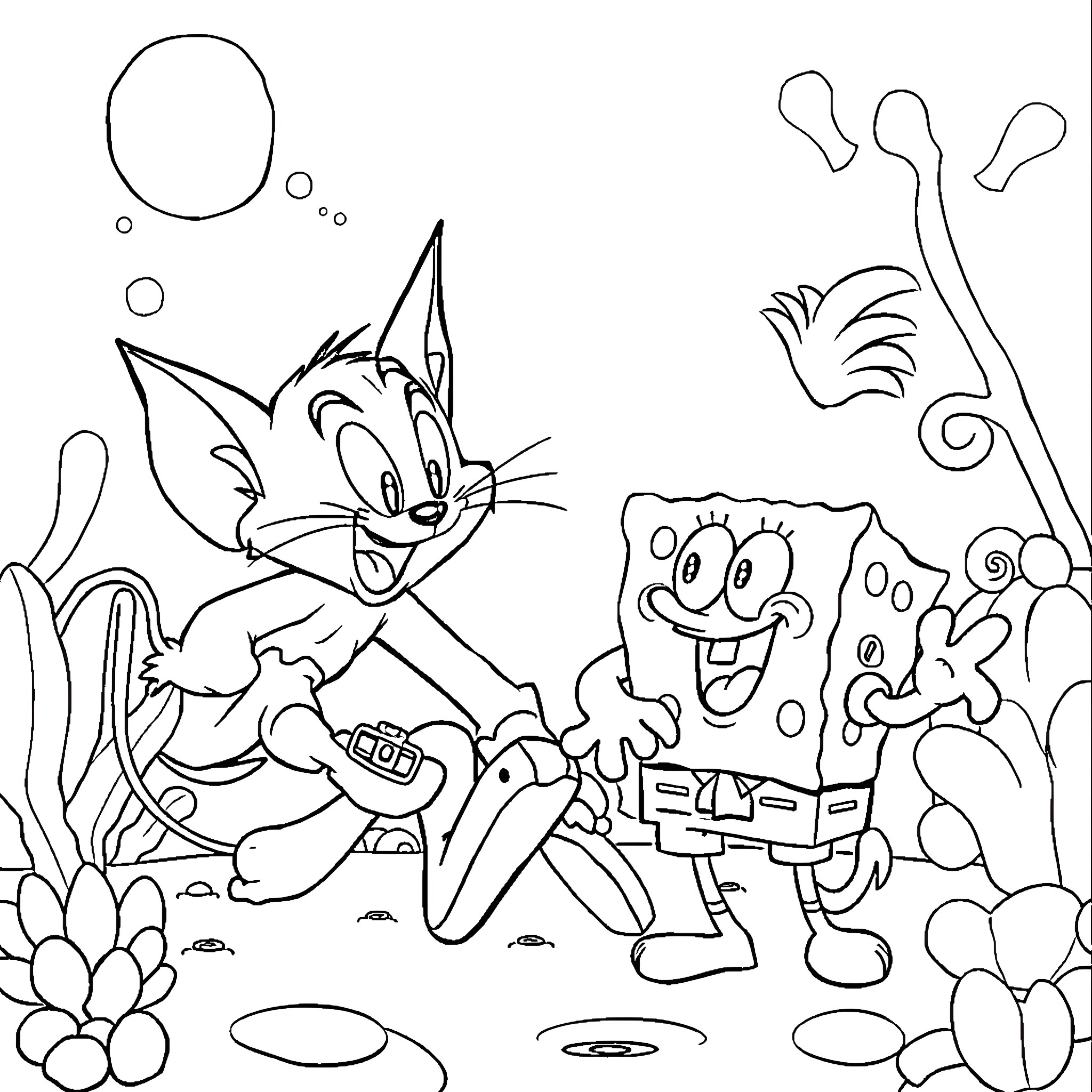 Tom and Jerry's Aquatic Adventure Coloring Page (free black-and-white line drawing printable PDF for all, from beginners to advanced learners, including children, teens, adults, and seniors)