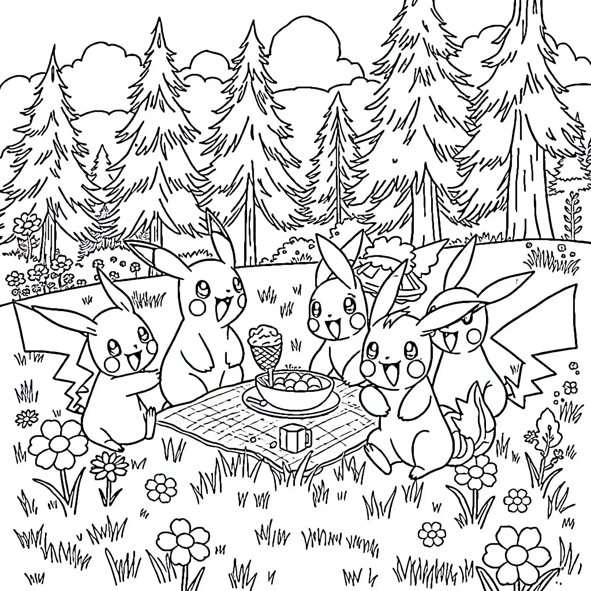 Pokémon characters having a picnic in the forest Coloring Page (free black-and-white line drawing printable PDF for all, from beginners to advanced learners, including children, teens, adults, and seniors)