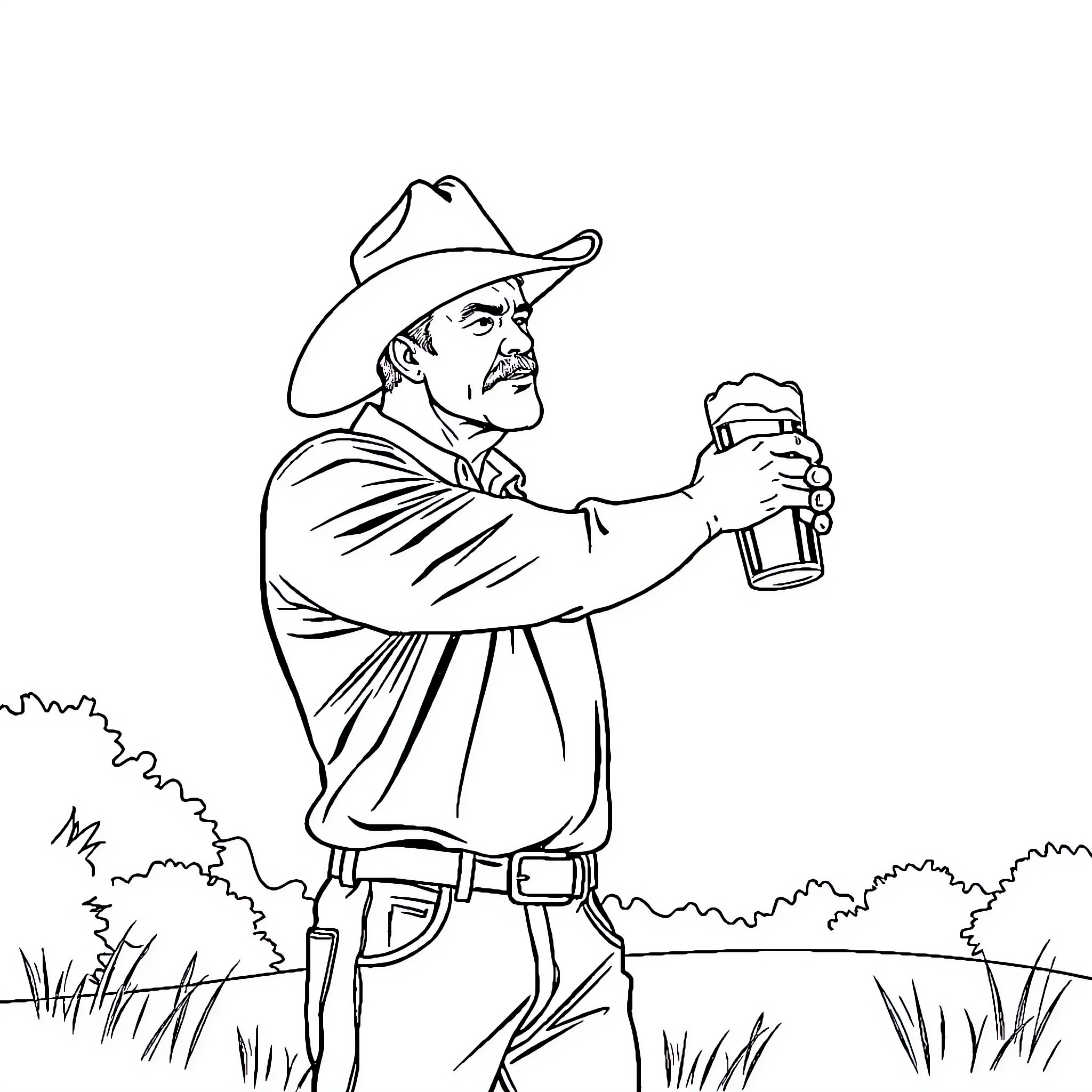 Man in Cowboy Hat Drinking from Mug Outdoors Coloring Page (free black-and-white line drawing printable PDF for all, from beginners to advanced learners, including children, teens, adults, and seniors)