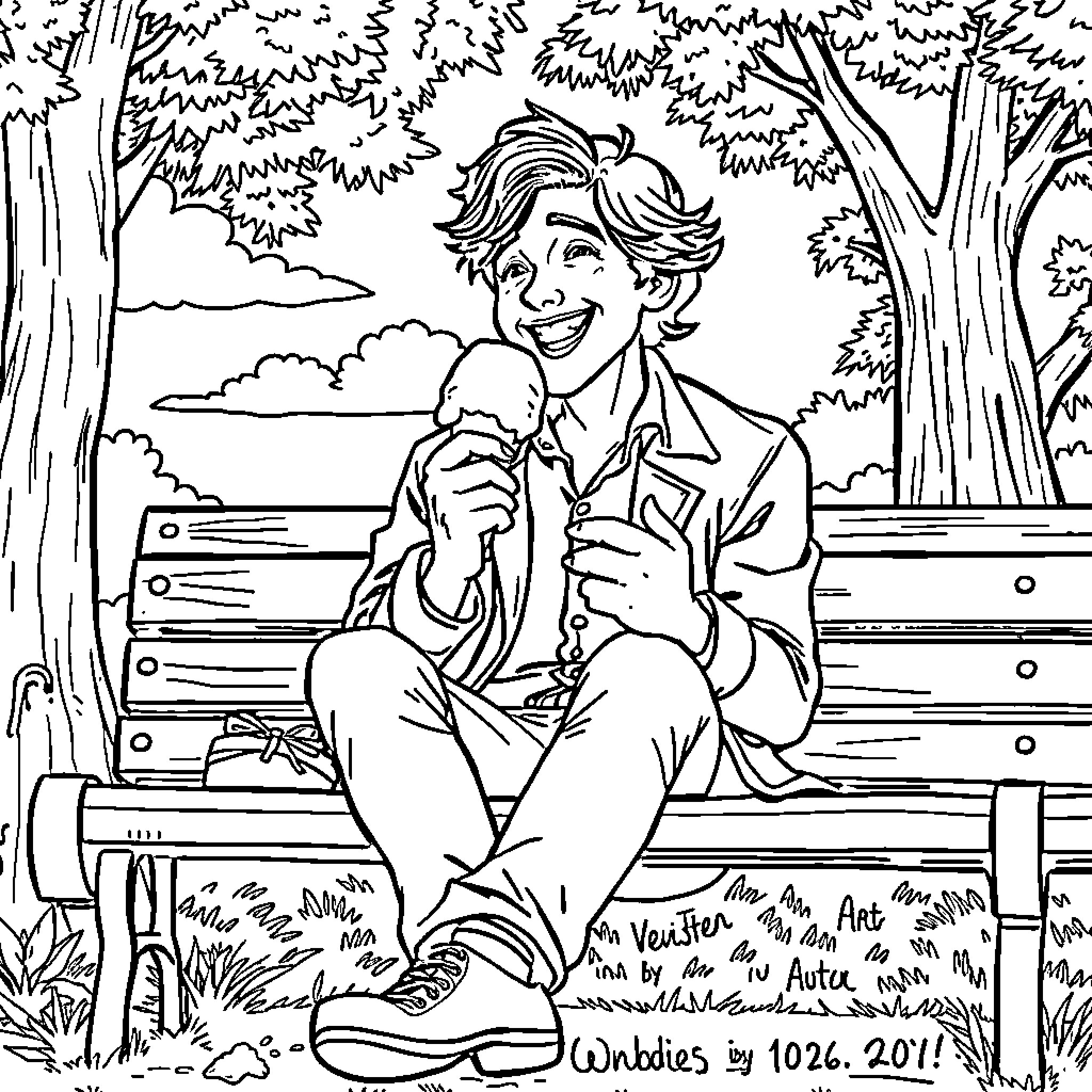 Sam Winchester relaxing on a park bench Coloring Page (free black-and-white line drawing printable PDF for all, from beginners to advanced learners, including children, teens, adults, and seniors)