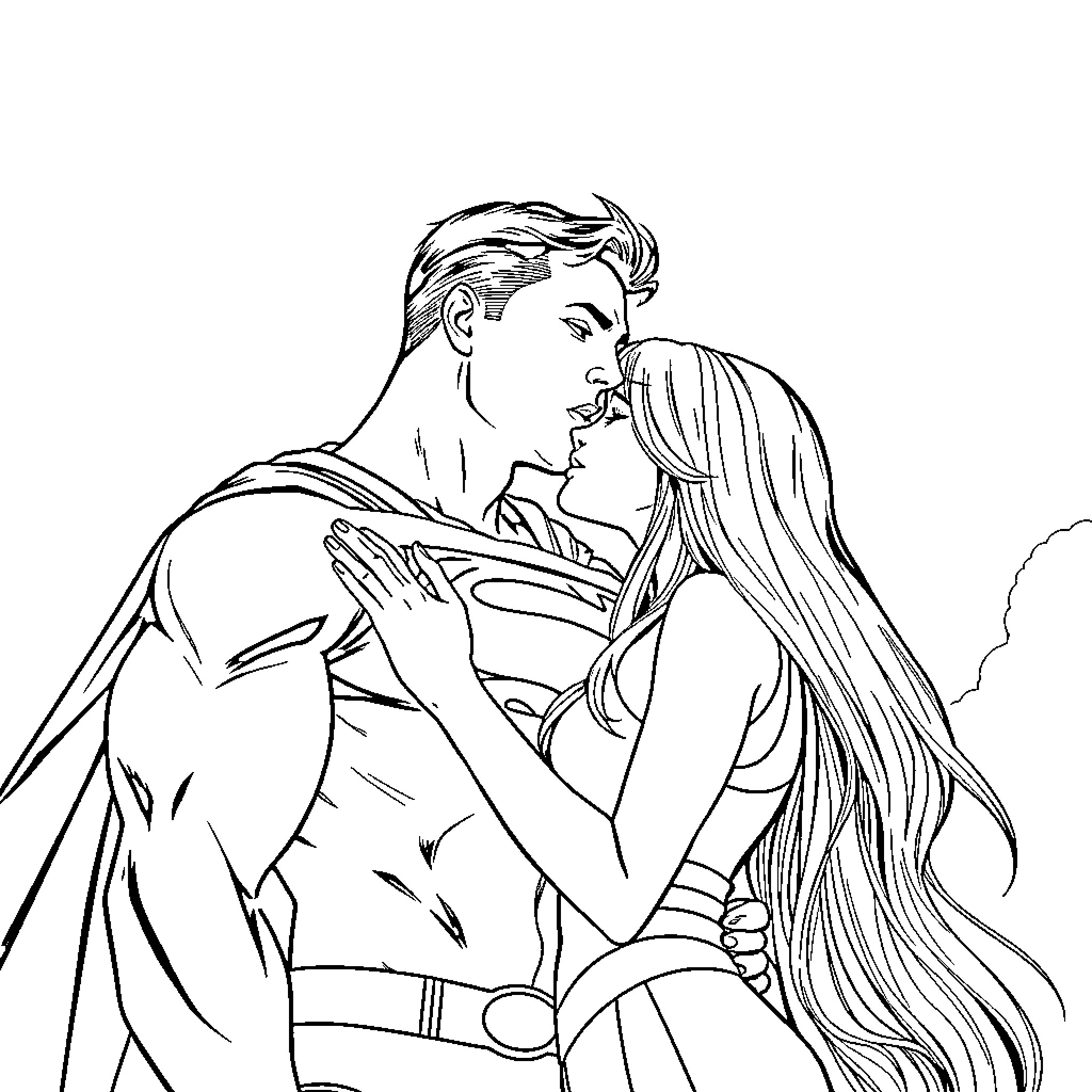 Superman embracing a woman in a romantic scene Coloring Page (free black-and-white line drawing printable PDF for all, from beginners to advanced learners, including children, teens, adults, and seniors)