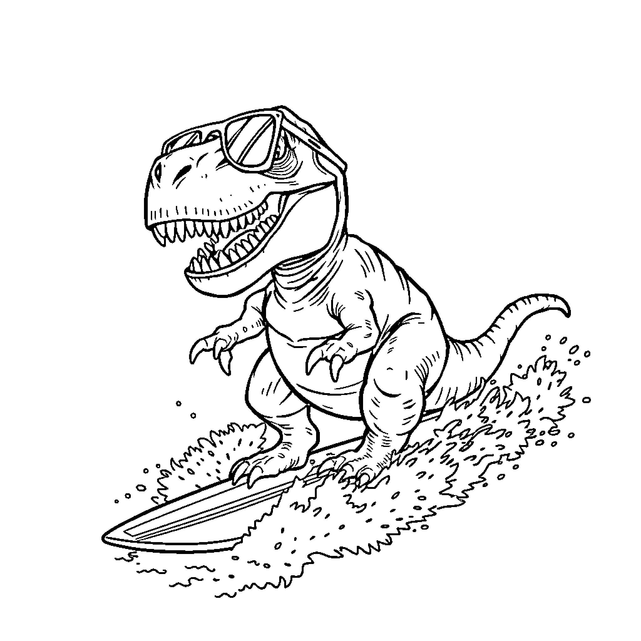T-Rex surfing on waves Coloring Page (free black-and-white line drawing printable PDF for all, from beginners to advanced learners, including children, teens, adults, and seniors)