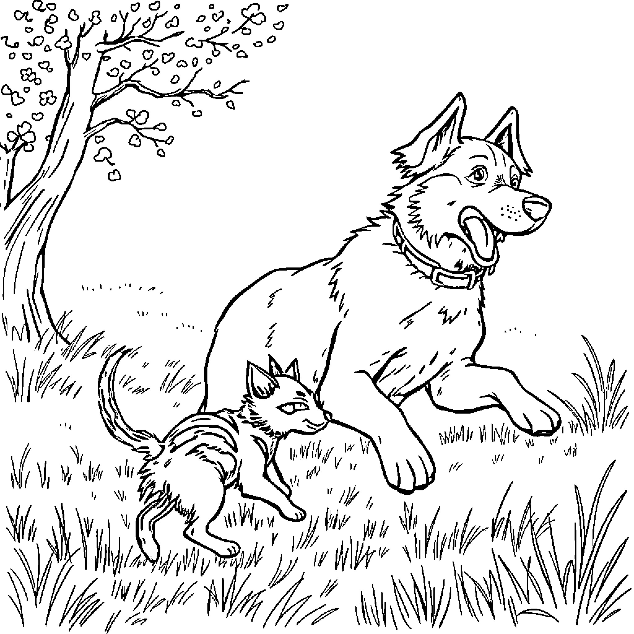 Dog and Puppy Playing in the Park Coloring Page (free black-and-white line drawing printable PDF for all, from beginners to advanced learners, including children, teens, adults, and seniors)