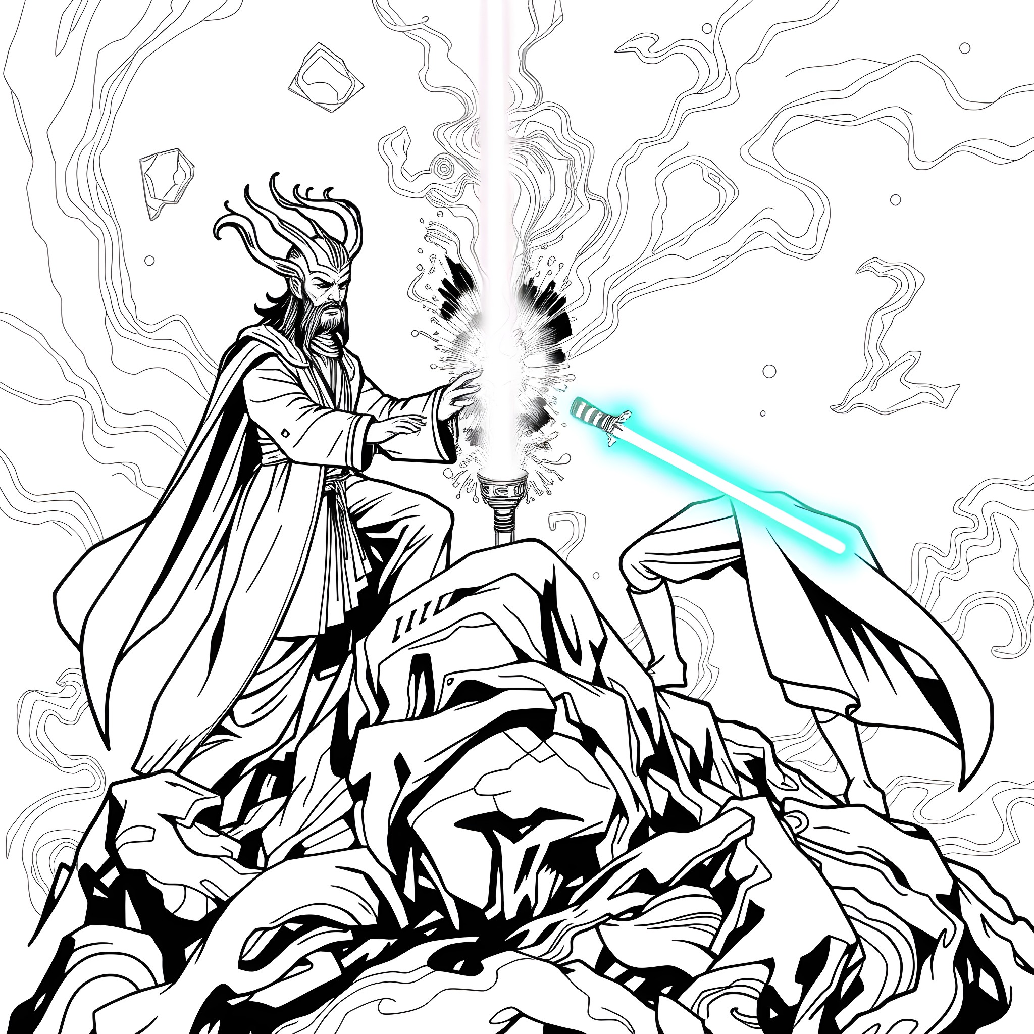 Loki wielding powerful sorcery on a rocky terrain Coloring Page (free black-and-white line drawing printable PDF for all, from beginners to advanced learners, including children, teens, adults, and seniors)