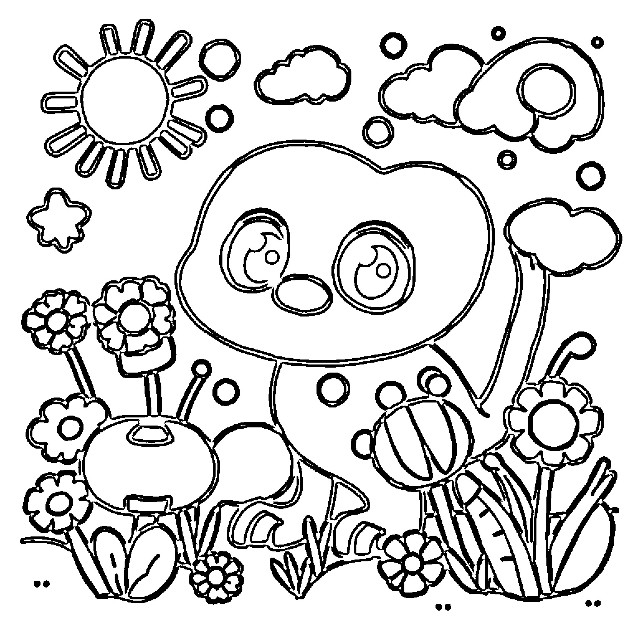 Toddler playing in a floral garden Coloring Page (free black-and-white line drawing printable PDF for all, from beginners to advanced learners, including children, teens, adults, and seniors)
