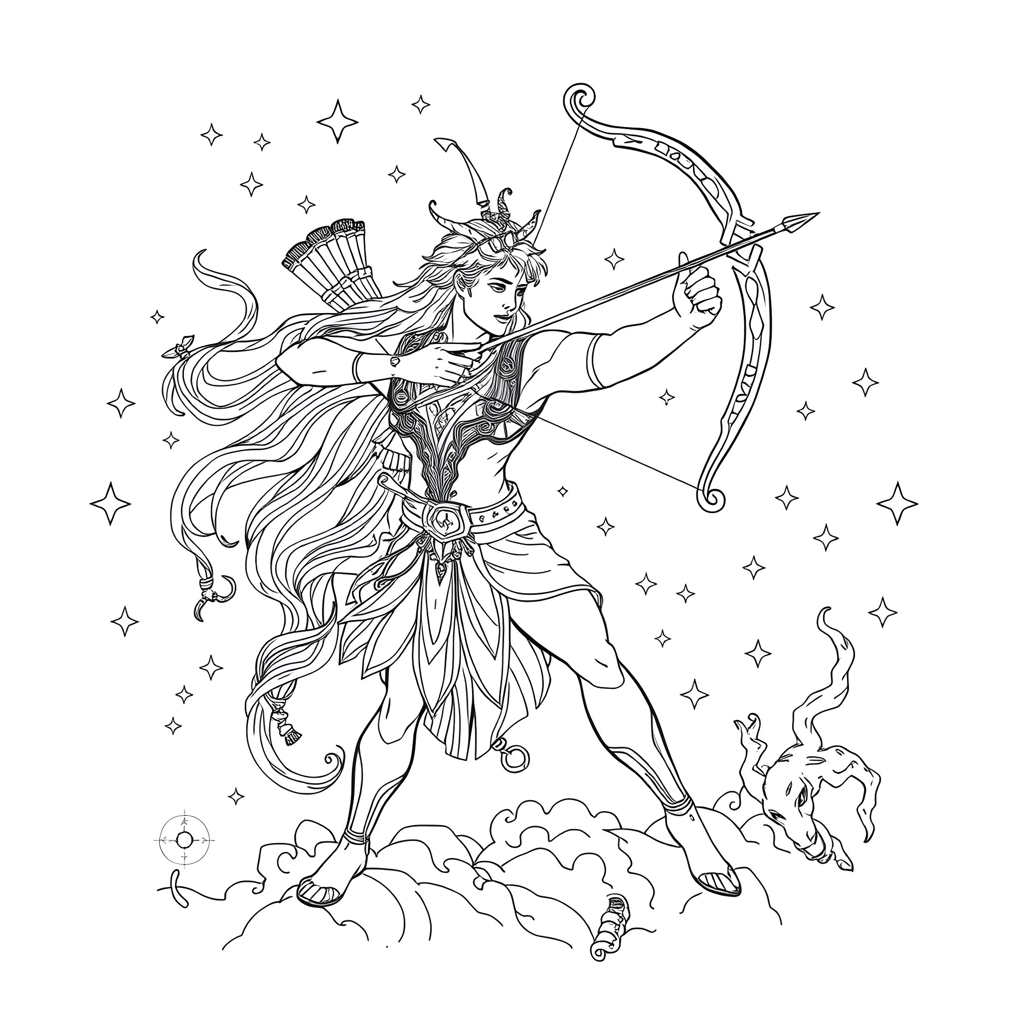 Sagittarius - Archer Goddess in Cosmic Splendor Coloring Page (free black-and-white line drawing printable PDF for all, from beginners to advanced learners, including children, teens, adults, and seniors)