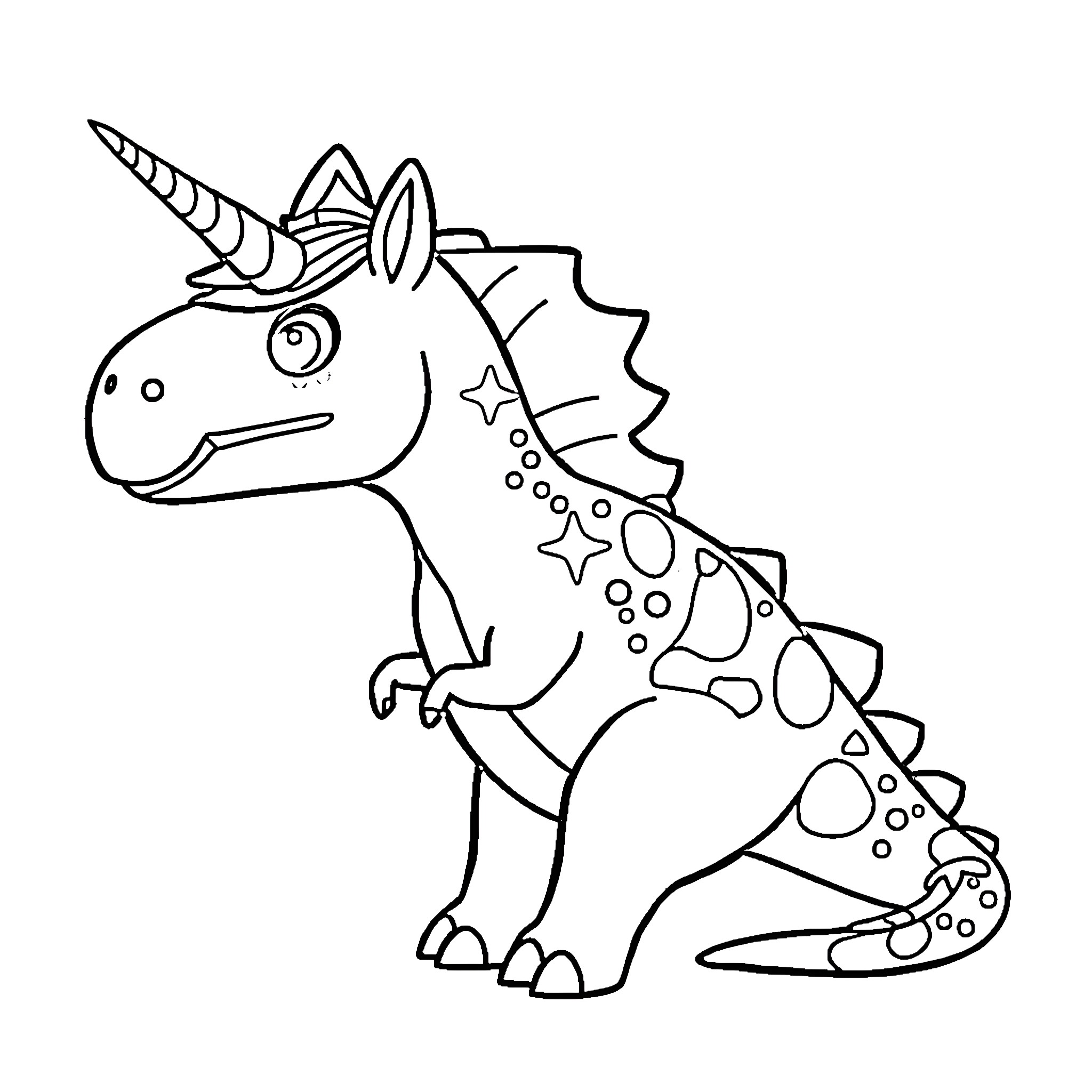 Dinosaur cartoon with horns and spots Coloring Page (free black-and-white line drawing printable PDF for all, from beginners to advanced learners, including children, teens, adults, and seniors)