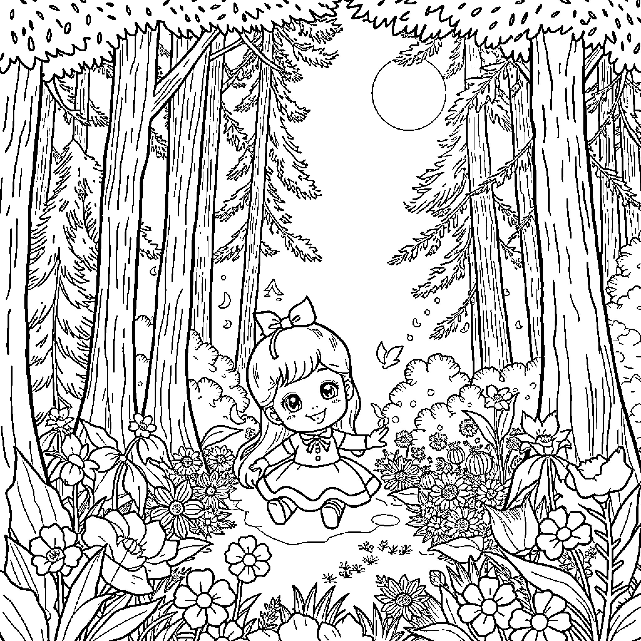 Dollhouse - Girl in Enchanted Forest Coloring Page (free black-and-white line drawing printable PDF for all, from beginners to advanced learners, including children, teens, adults, and seniors)