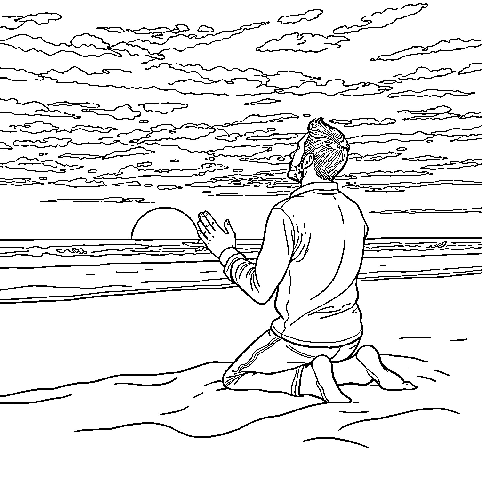 Man meditating alone on the beach at sunset Coloring Page (free black-and-white line drawing printable PDF for all, from beginners to advanced learners, including children, teens, adults, and seniors)