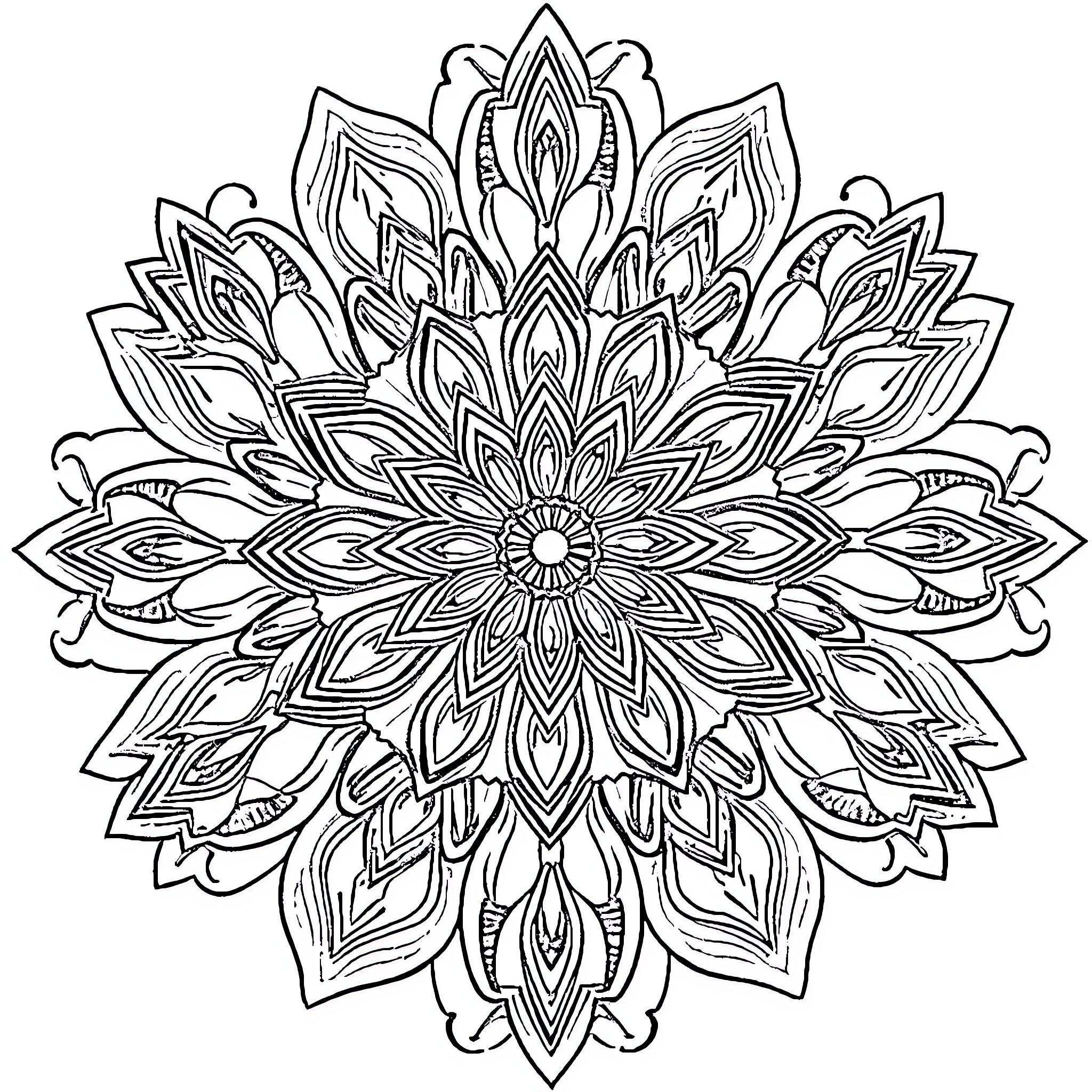 Mandala of intricate floral patterns Coloring Page (free black-and-white line drawing printable PDF for all, from beginners to advanced learners, including children, teens, adults, and seniors)