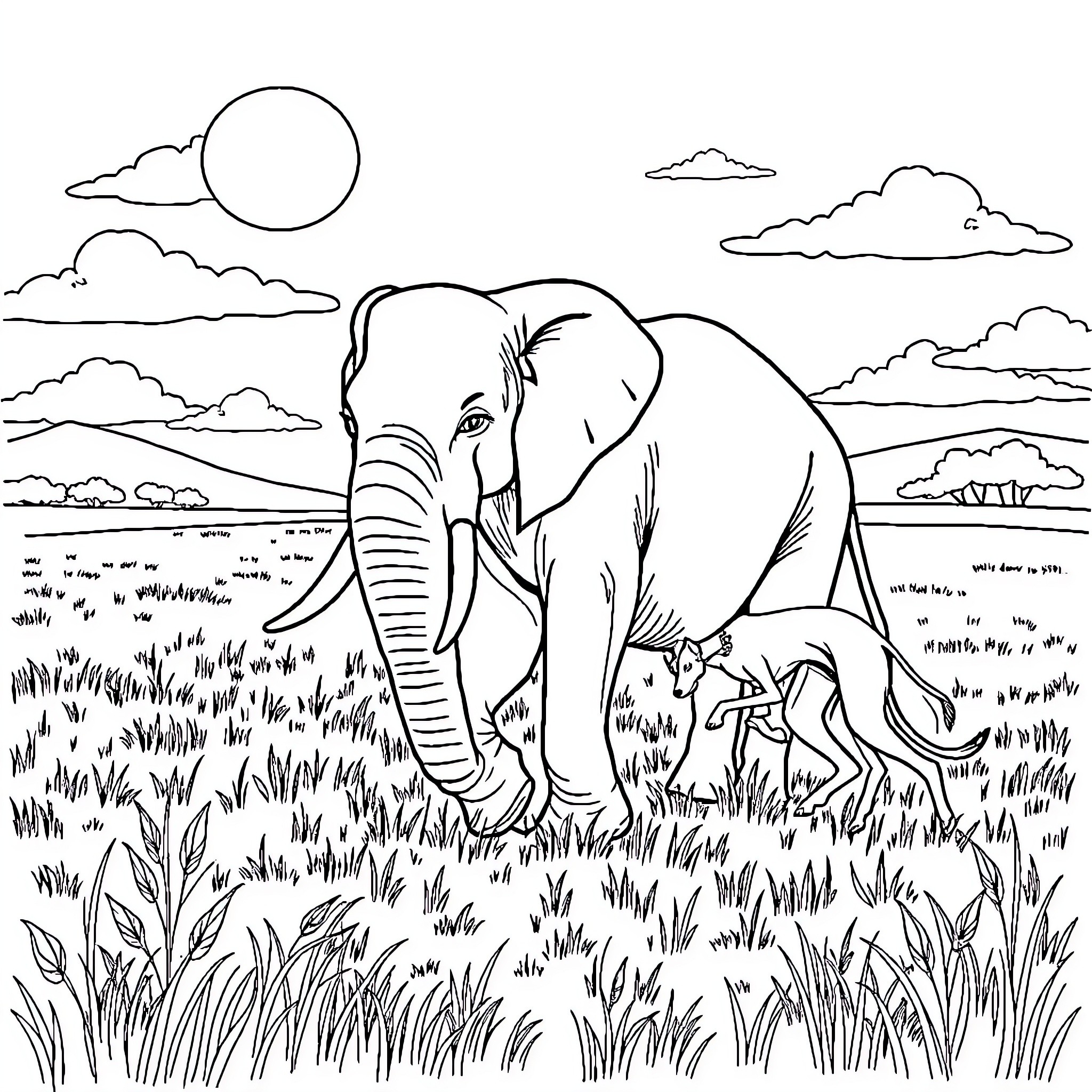 Elephant family strolling through the peaceful savanna Coloring Page (free black-and-white line drawing printable PDF for all, from beginners to advanced learners, including children, teens, adults, and seniors)