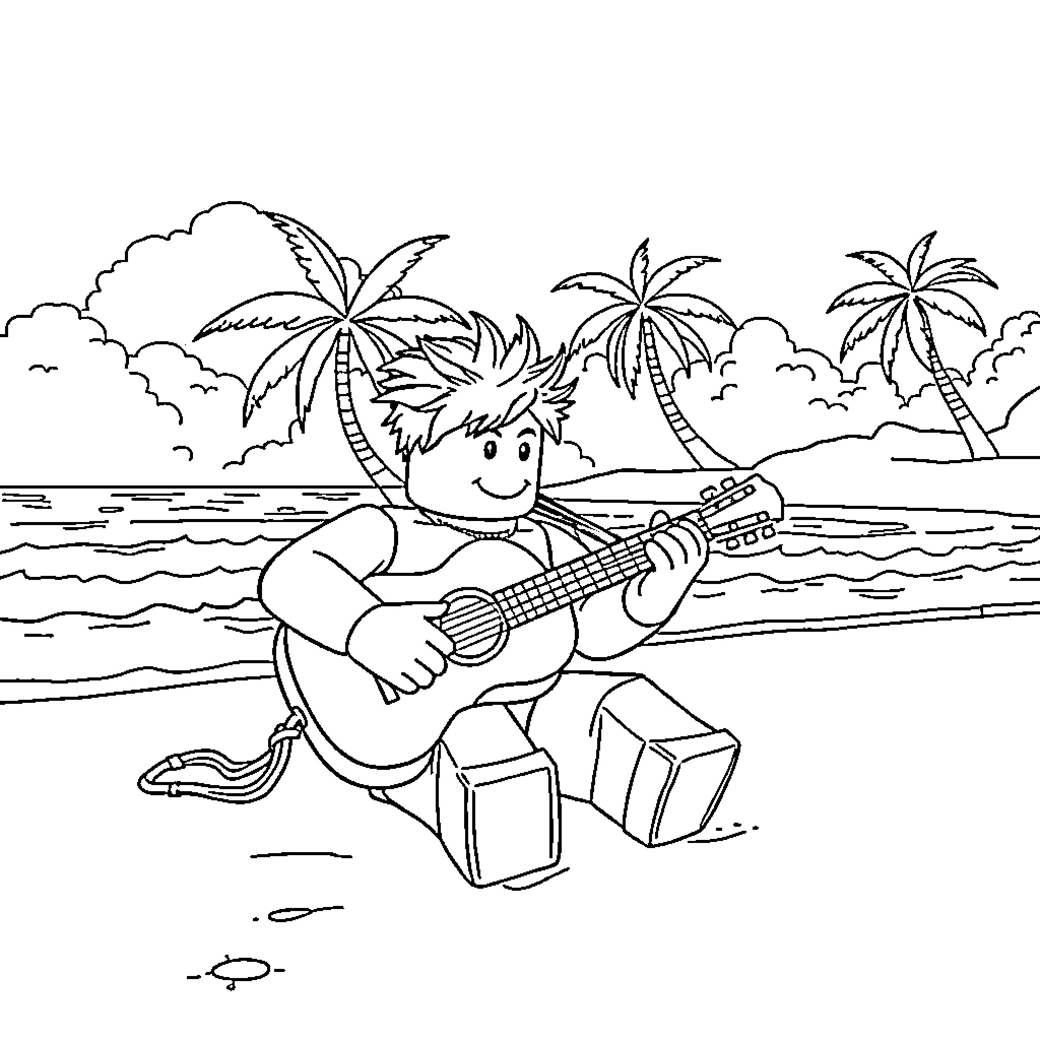 Roblox Character Plays Guitar on Tropical Beach Coloring Page (free black-and-white line drawing printable PDF for all, from beginners to advanced learners, including children, teens, adults, and seniors)