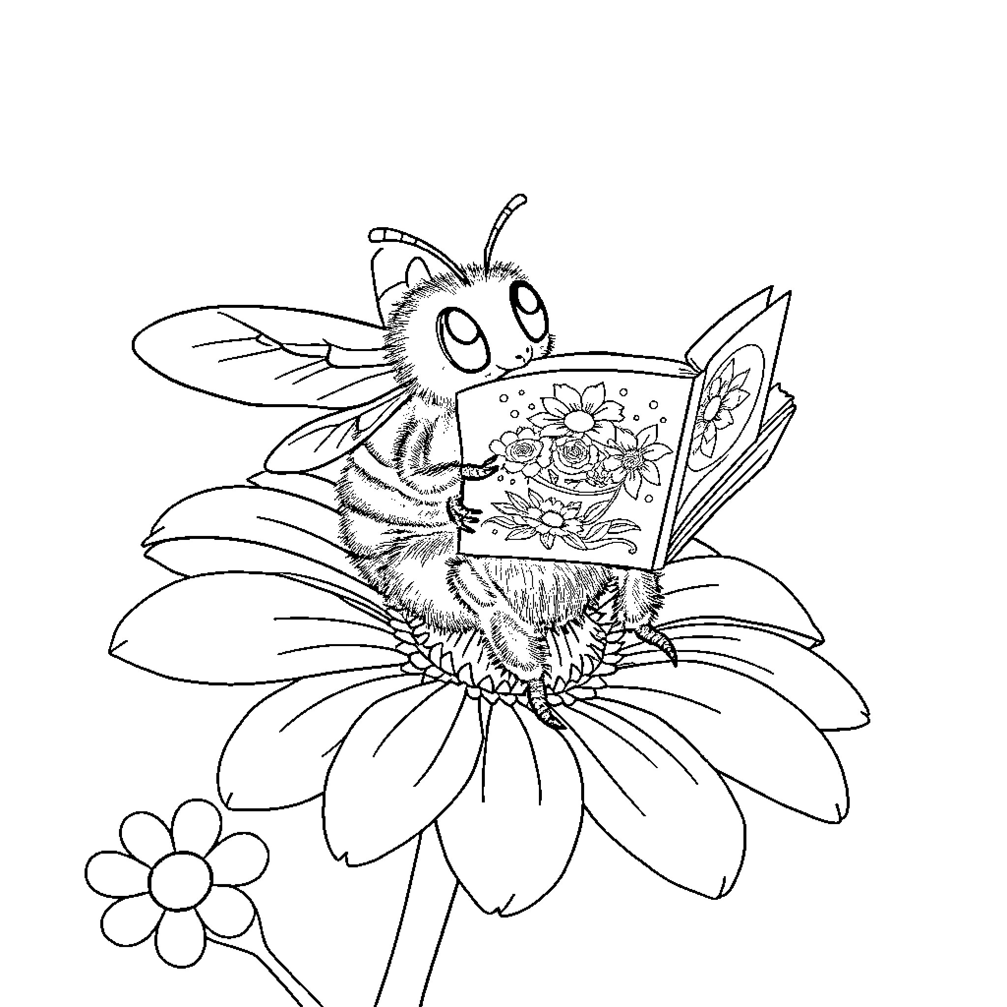 Bee reading a book on a flower Coloring Page (free black-and-white line drawing printable PDF for all, from beginners to advanced learners, including children, teens, adults, and seniors)