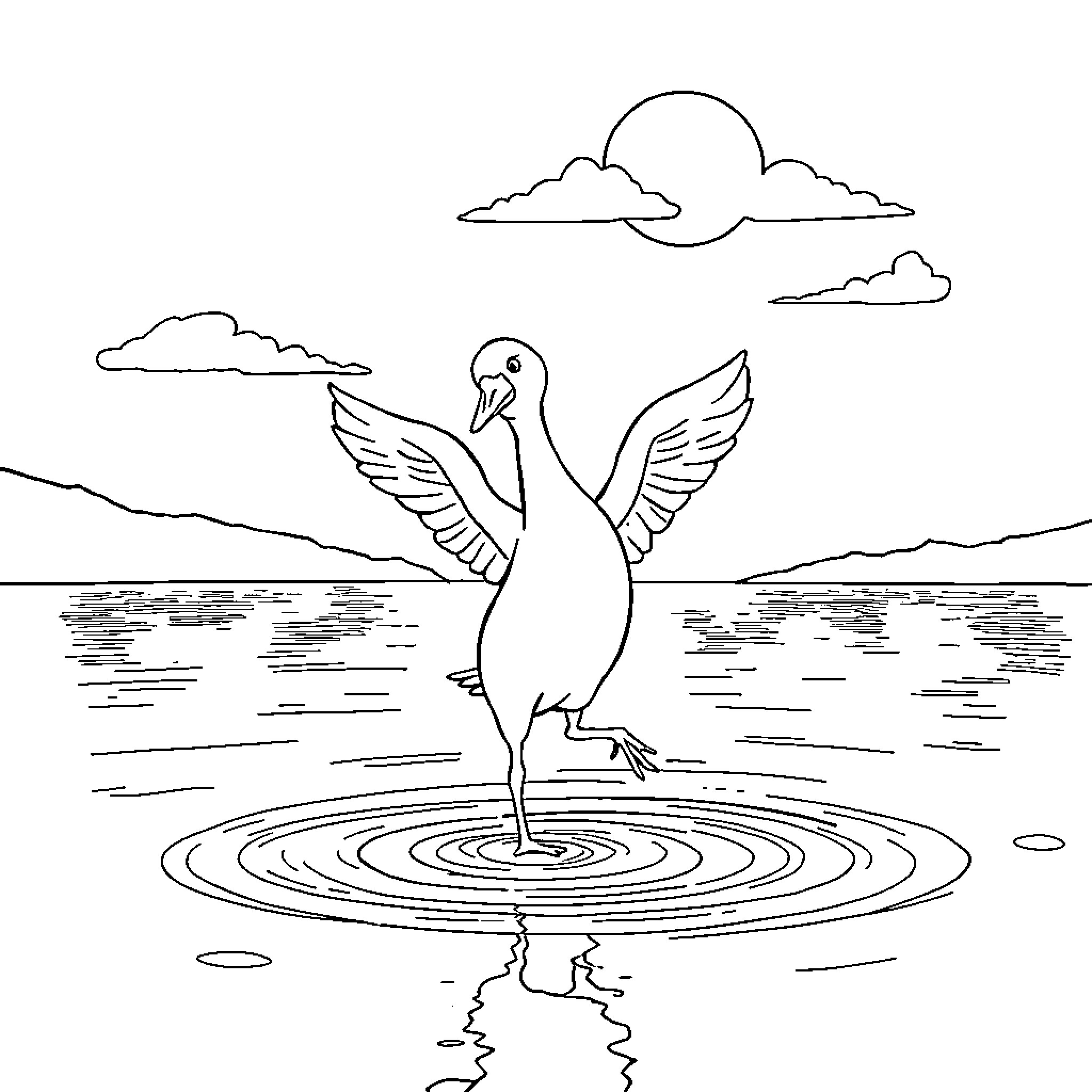 Duck spreading its wings by the lake Coloring Page (free black-and-white line drawing printable PDF for all, from beginners to advanced learners, including children, teens, adults, and seniors)