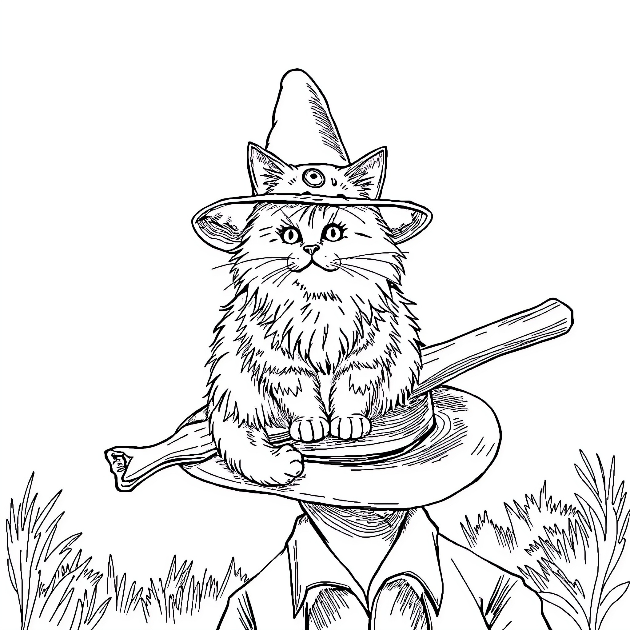 Cat dressed as wizard with magic wand Coloring Page (free black-and-white line drawing printable PDF for all, from beginners to advanced learners, including children, teens, adults, and seniors)
