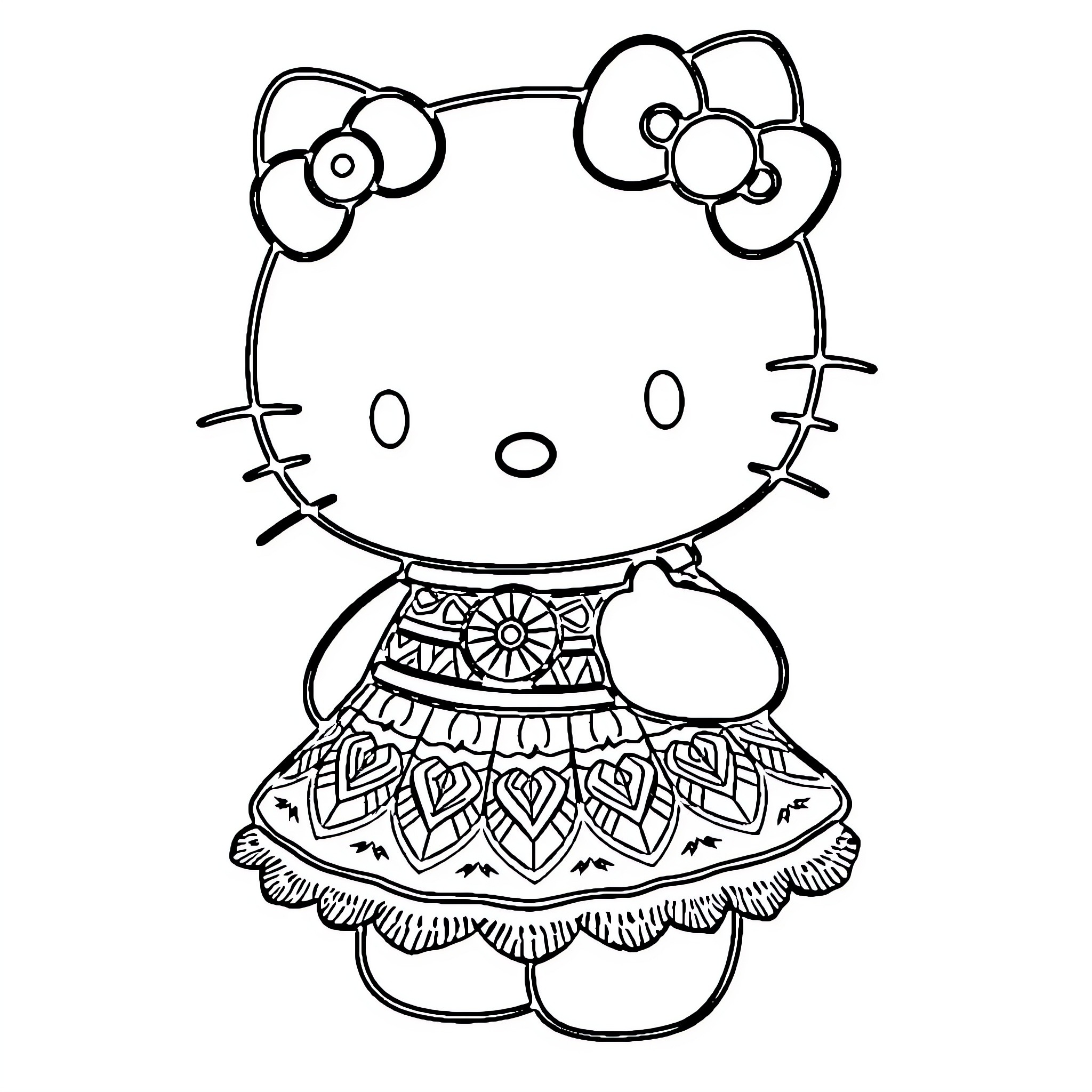 Hello Kitty in an ornate dress Coloring Page (free black-and-white line drawing printable PDF for all, from beginners to advanced learners, including children, teens, adults, and seniors)