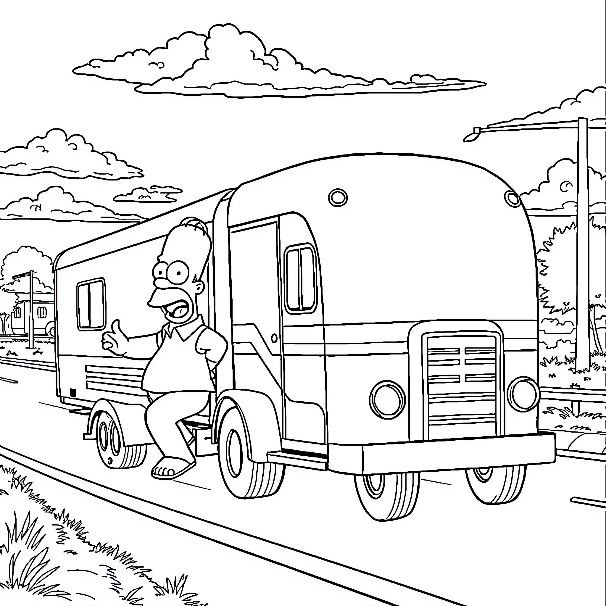 Homero driving a vintage truck on a rural road Coloring Page (free black-and-white line drawing printable PDF for all, from beginners to advanced learners, including children, teens, adults, and seniors)