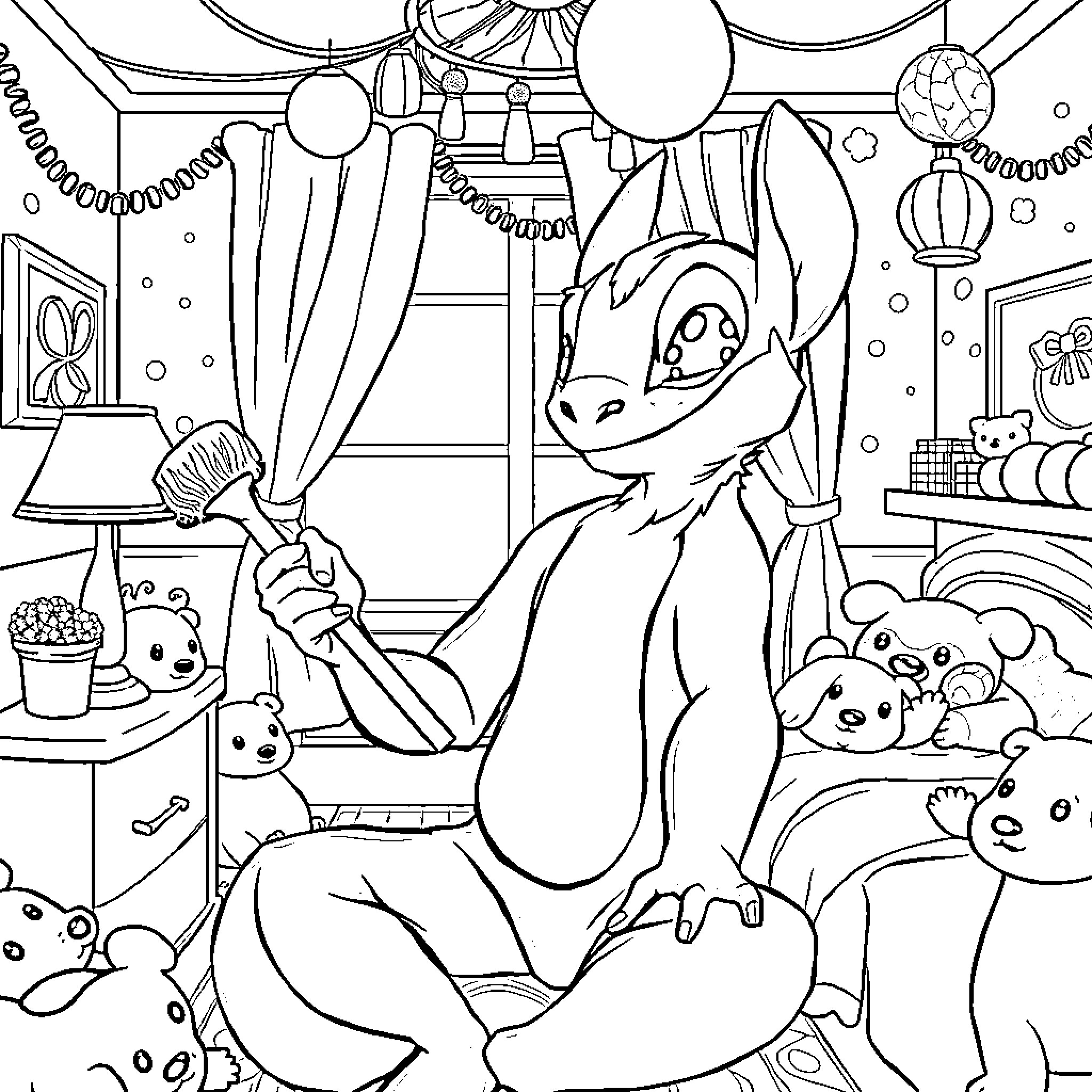 Spider-Man Surrounded by Toys in Cozy Room Coloring Page (free black-and-white line drawing printable PDF for all, from beginners to advanced learners, including children, teens, adults, and seniors)