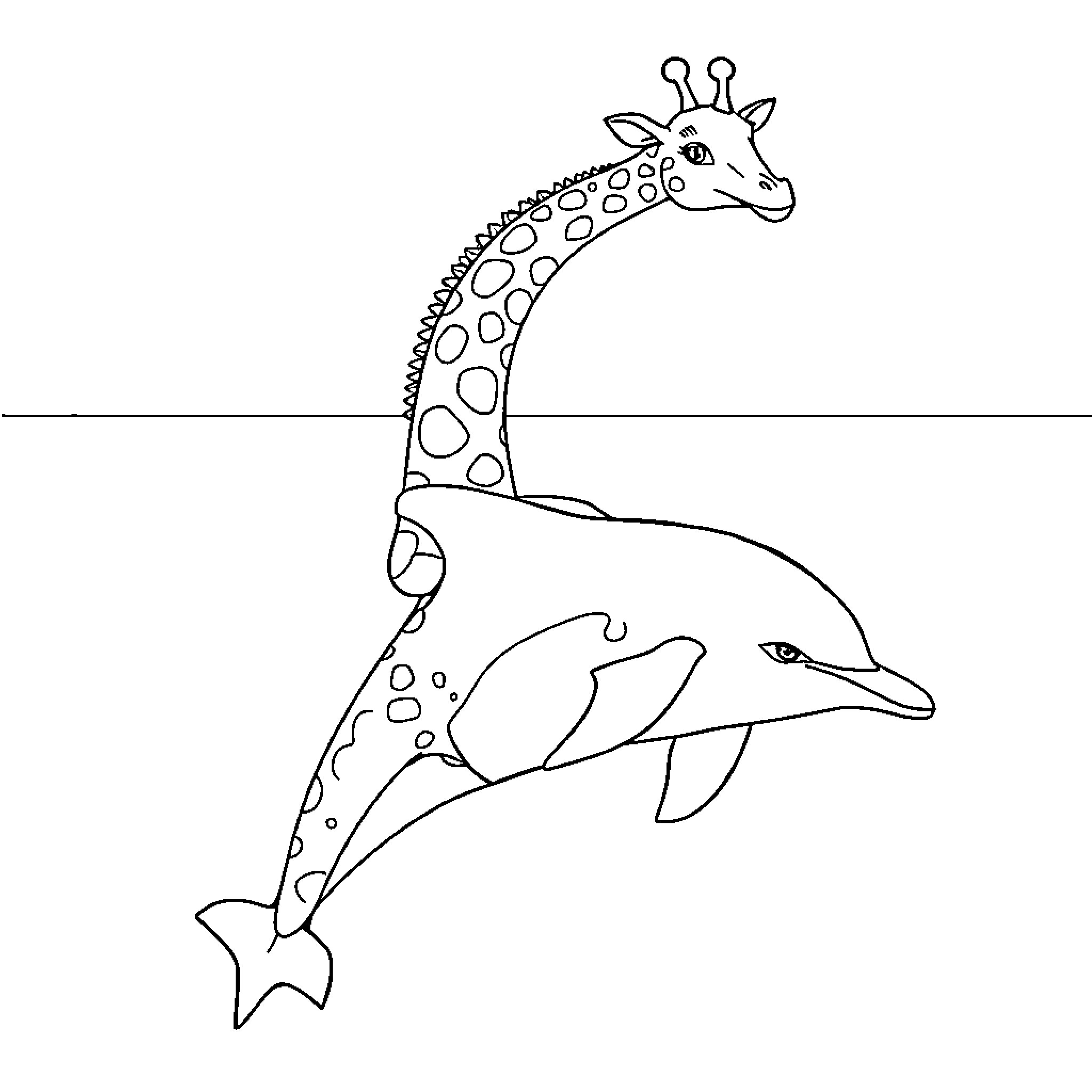 Giraffe playing with dolphin in the sea Coloring Page (free black-and-white line drawing printable PDF for all, from beginners to advanced learners, including children, teens, adults, and seniors)