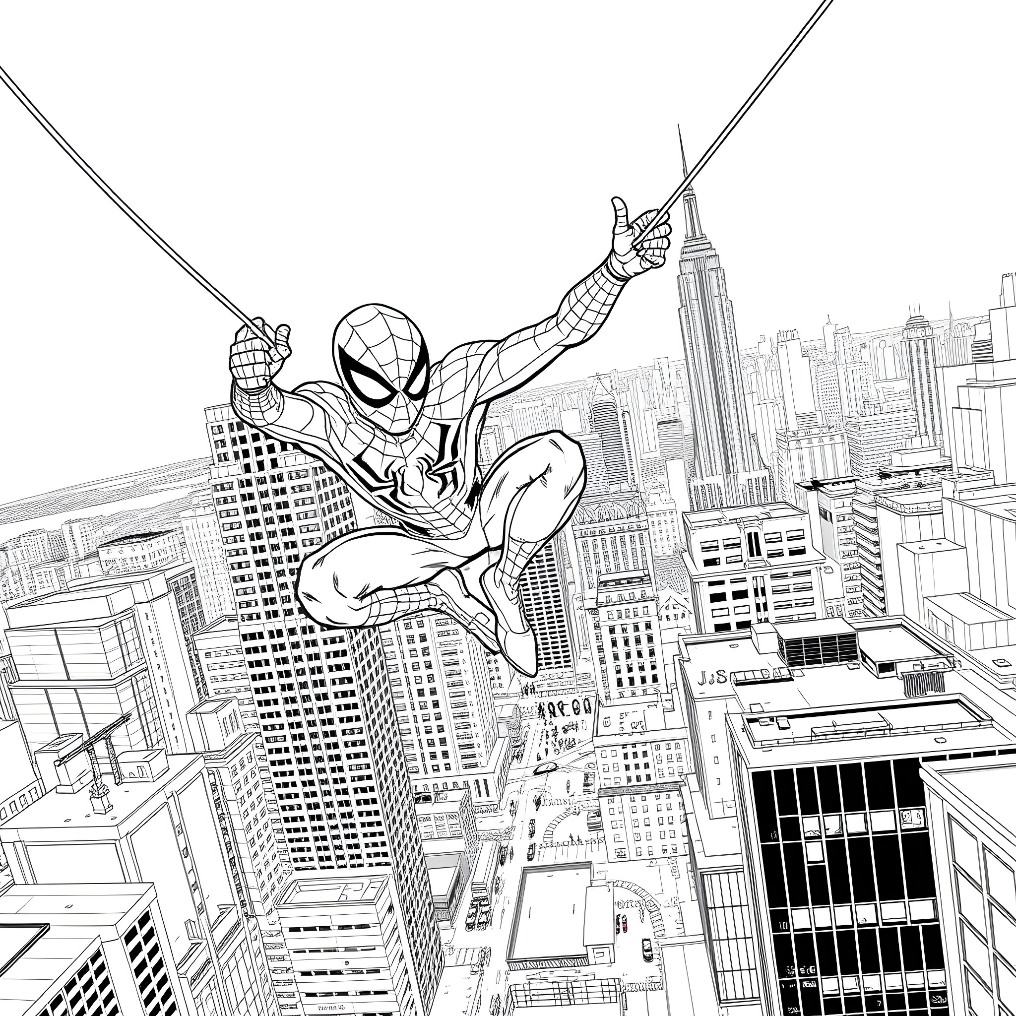 Spiderman swinging through the city skyline Coloring Page (free black-and-white line drawing printable PDF for all, from beginners to advanced learners, including children, teens, adults, and seniors)