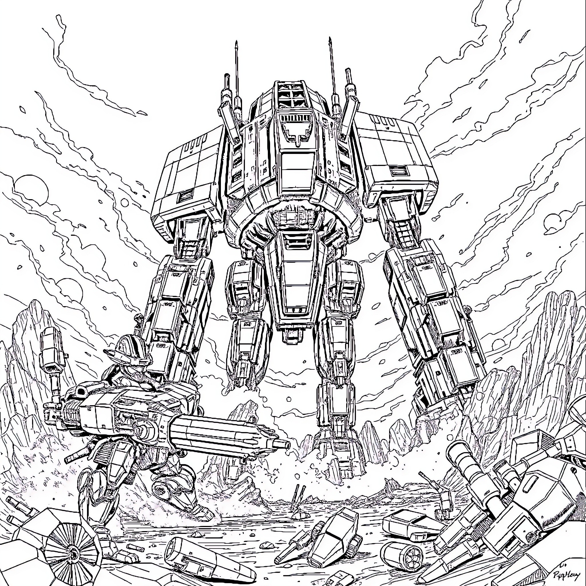 Titan Mech Warrior Dominates Alien Battlefield Coloring Page (free black-and-white line drawing printable PDF for all, from beginners to advanced learners, including children, teens, adults, and seniors)