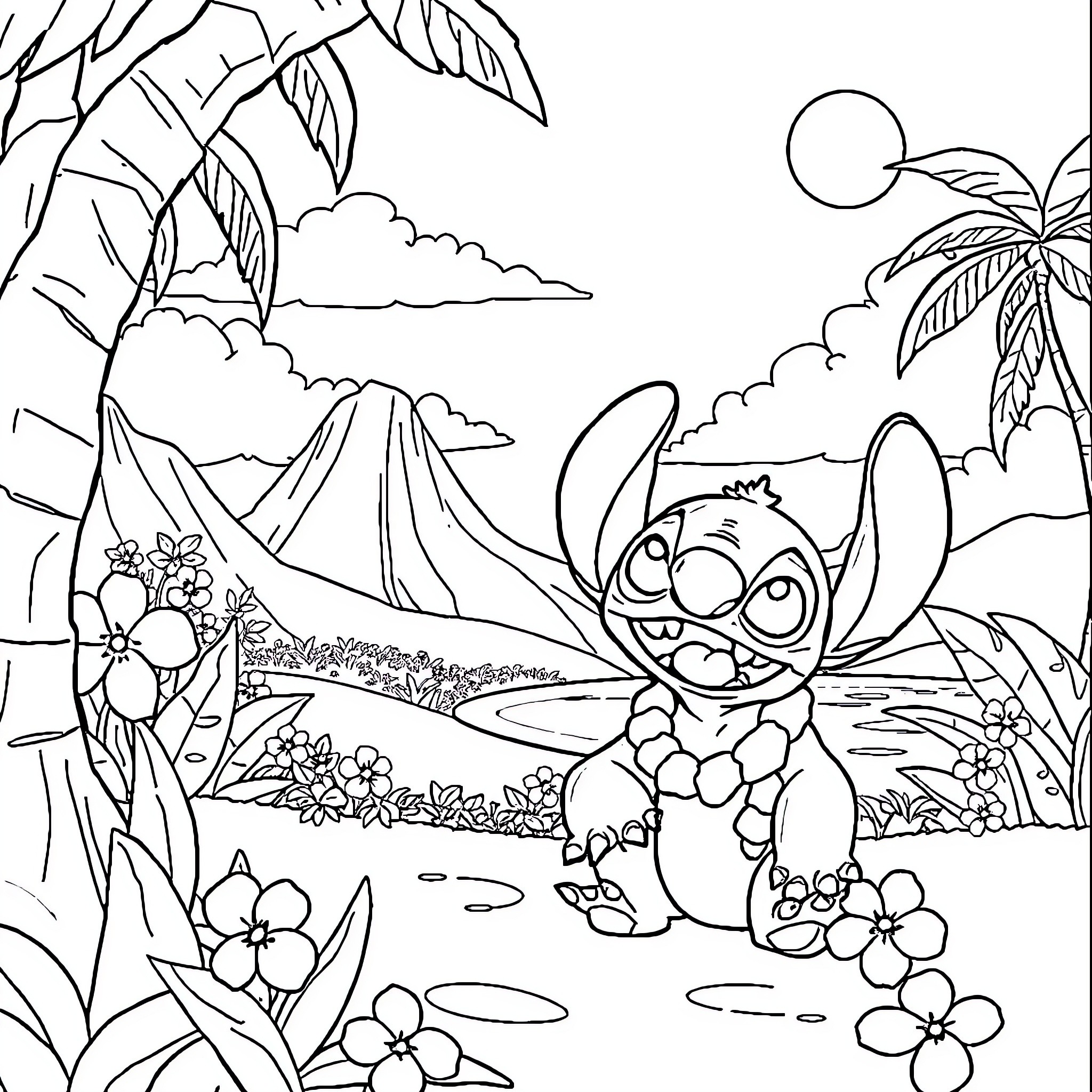 Lilo exploring a tropical island paradise Coloring Page (free black-and-white line drawing printable PDF for all, from beginners to advanced learners, including children, teens, adults, and seniors)