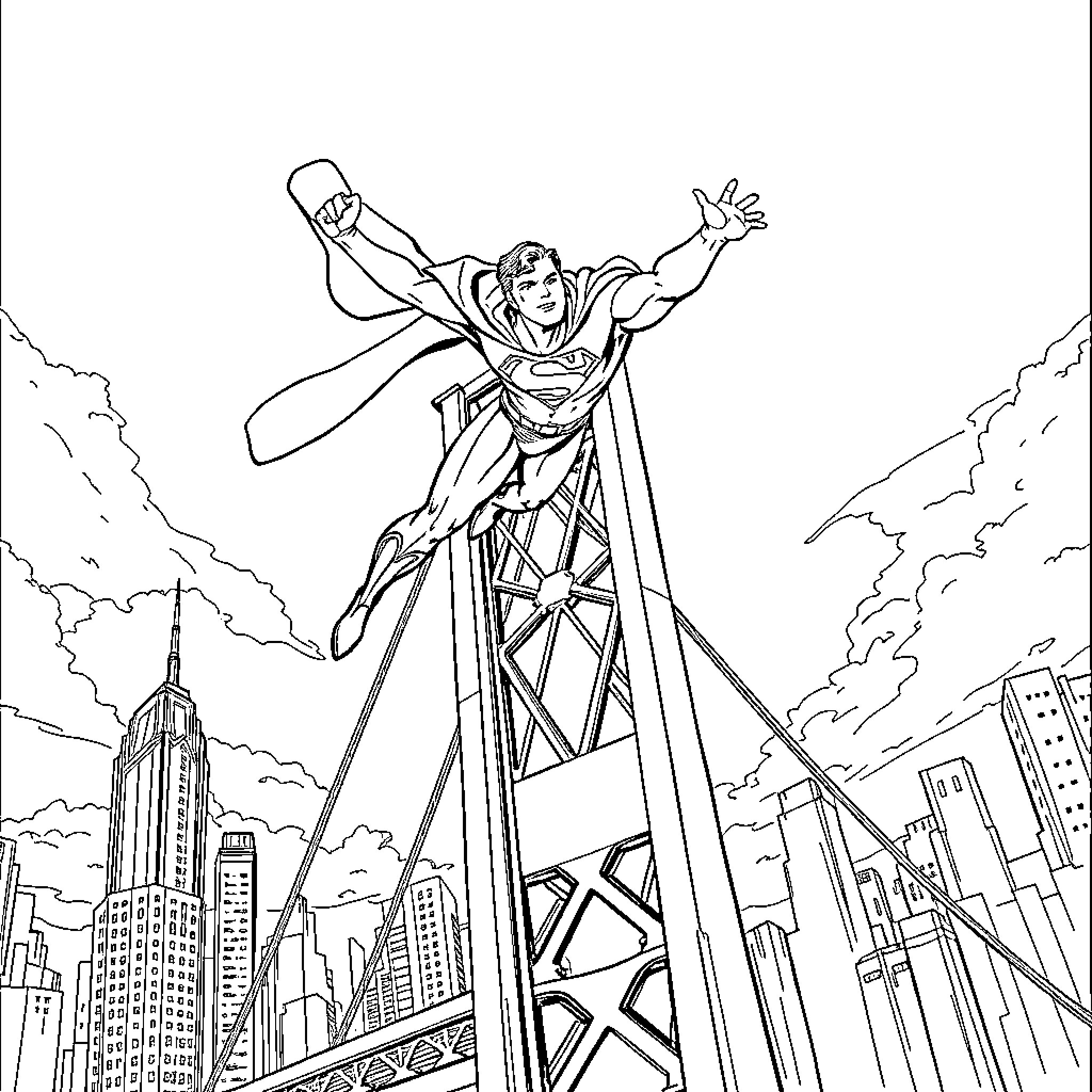Superman soaring above the cityscape Coloring Page (free black-and-white line drawing printable PDF for all, from beginners to advanced learners, including children, teens, adults, and seniors)