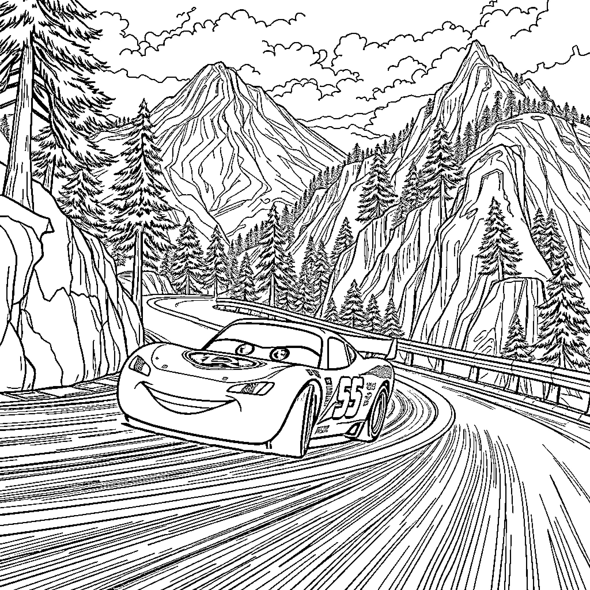 Lightning McQueen racing through a mountainous landscape Coloring Page (free black-and-white line drawing printable PDF for all, from beginners to advanced learners, including children, teens, adults, and seniors)