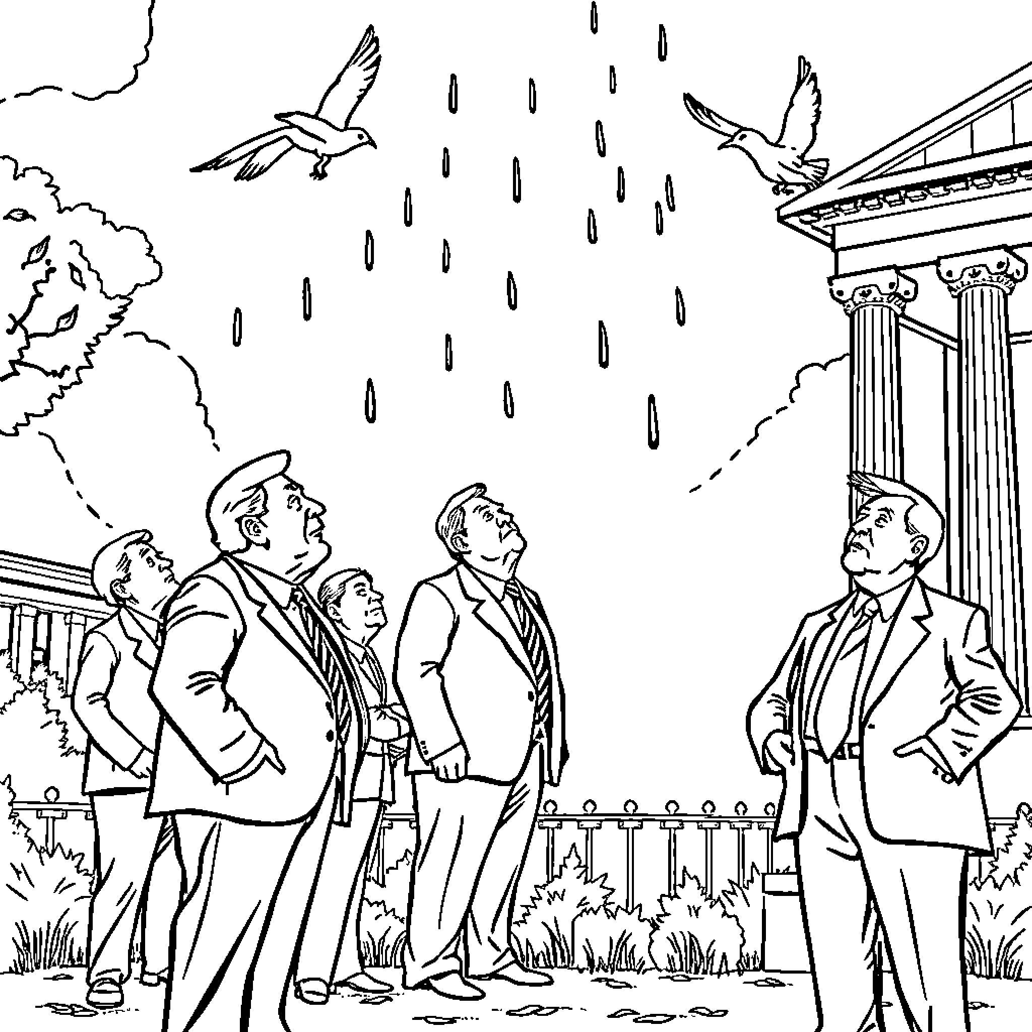 Liberal leaders discussing policies under stormy skies Coloring Page (free black-and-white line drawing printable PDF for all, from beginners to advanced learners, including children, teens, adults, and seniors)