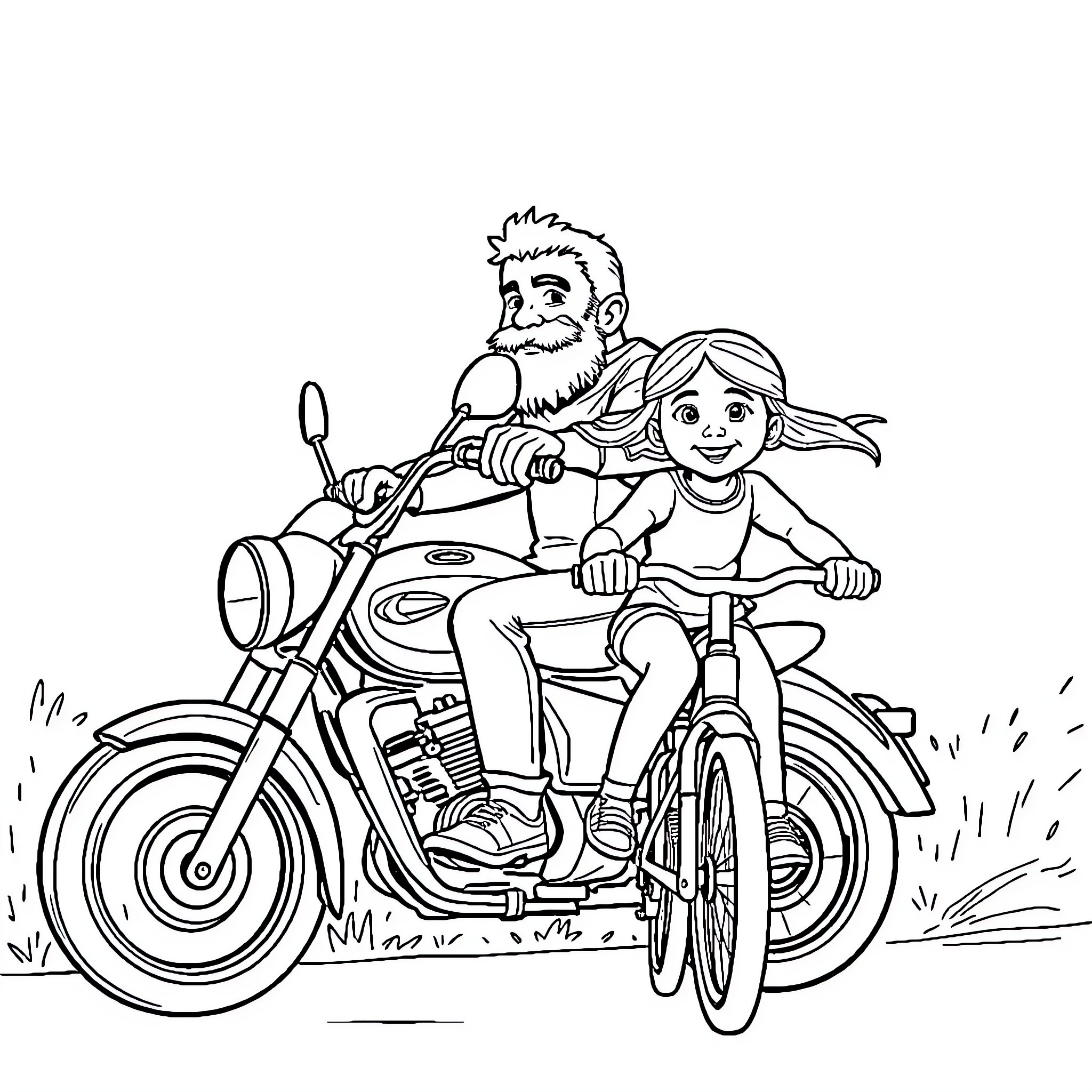 Papa and child ride motorcycle happily Coloring Page (free black-and-white line drawing printable PDF for all, from beginners to advanced learners, including children, teens, adults, and seniors)