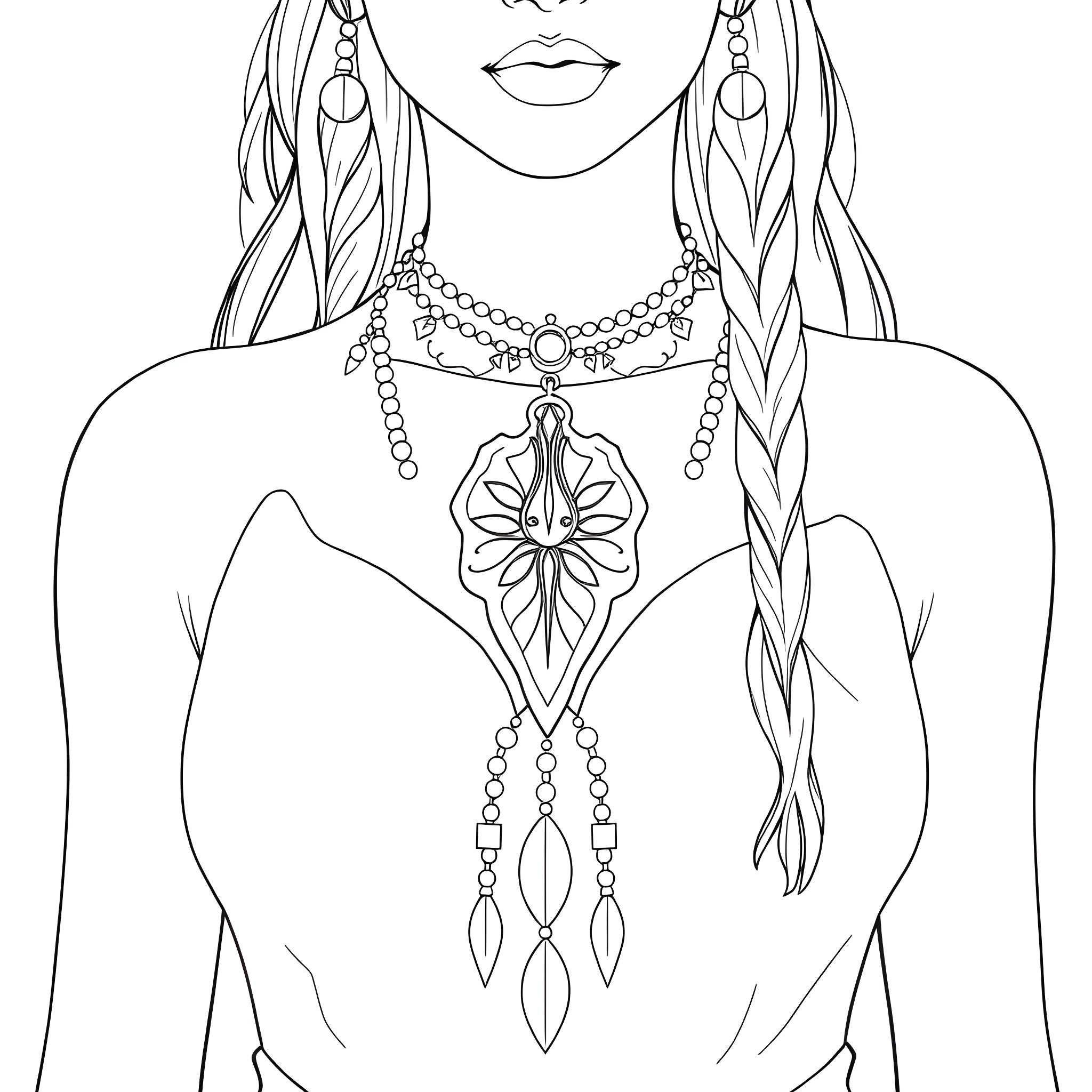 Pocahontas wearing traditional native jewelry and accessories Coloring Page (free black-and-white line drawing printable PDF for all, from beginners to advanced learners, including children, teens, adults, and seniors)